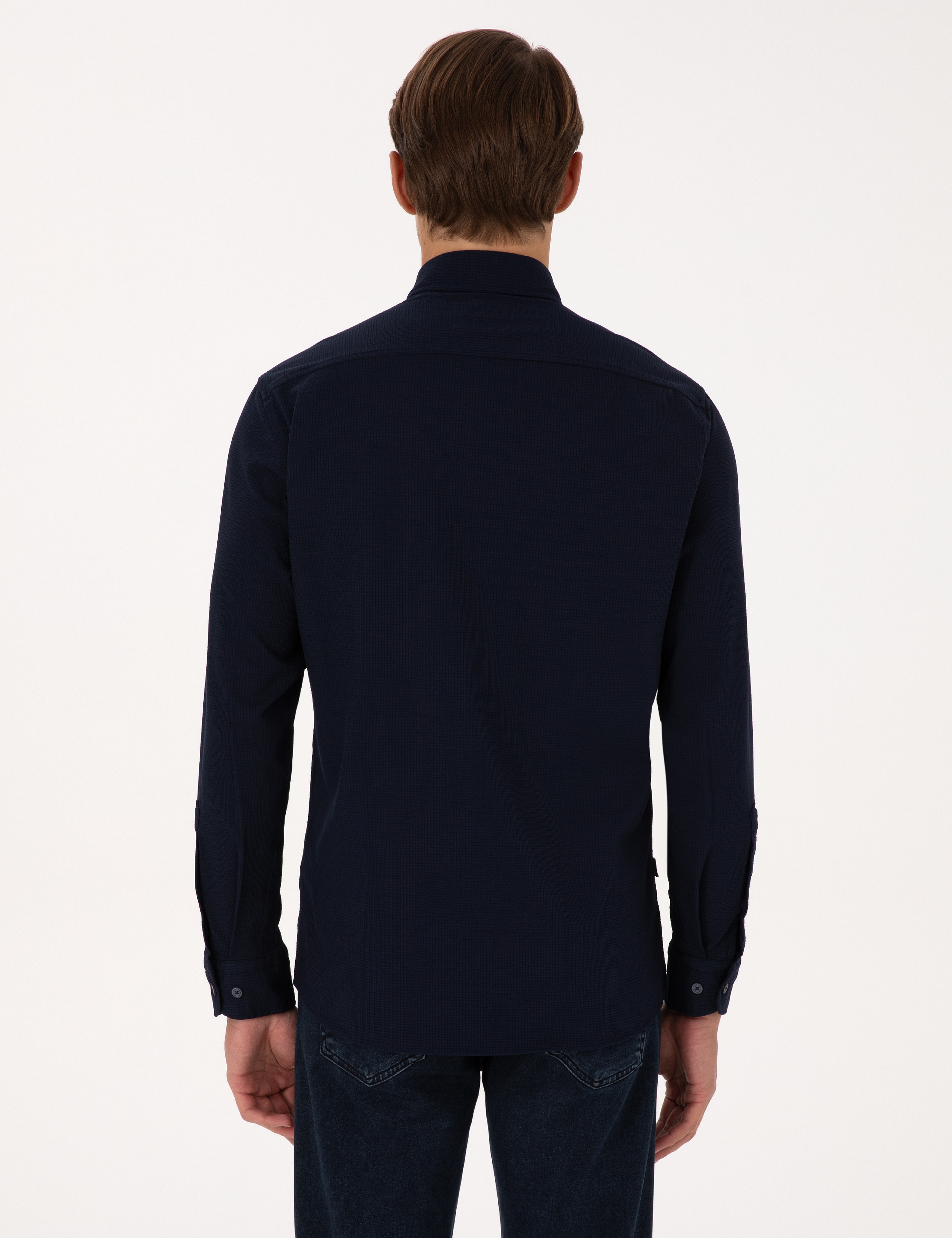 Lacivert Esnek Slim Fit Çizgili Uzun Kollu Gömlek - Image 5