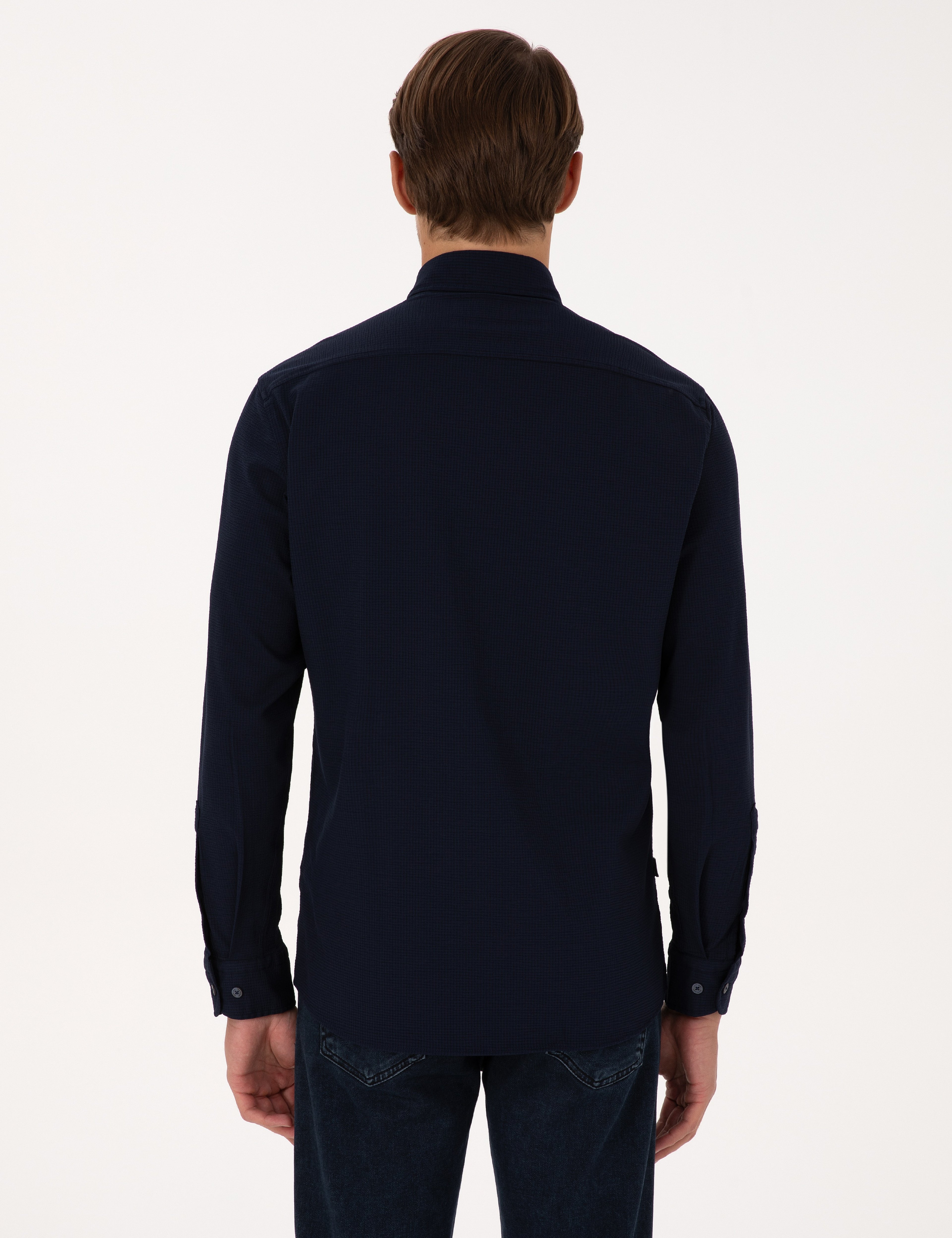 Lacivert Esnek Slim Fit Çizgili Uzun Kollu Gömlek