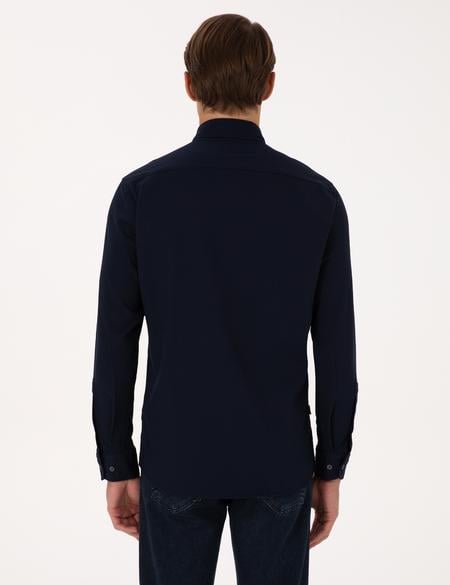 Lacivert Esnek Slim Fit Çizgili Uzun Kollu Gömlek - 50307162019