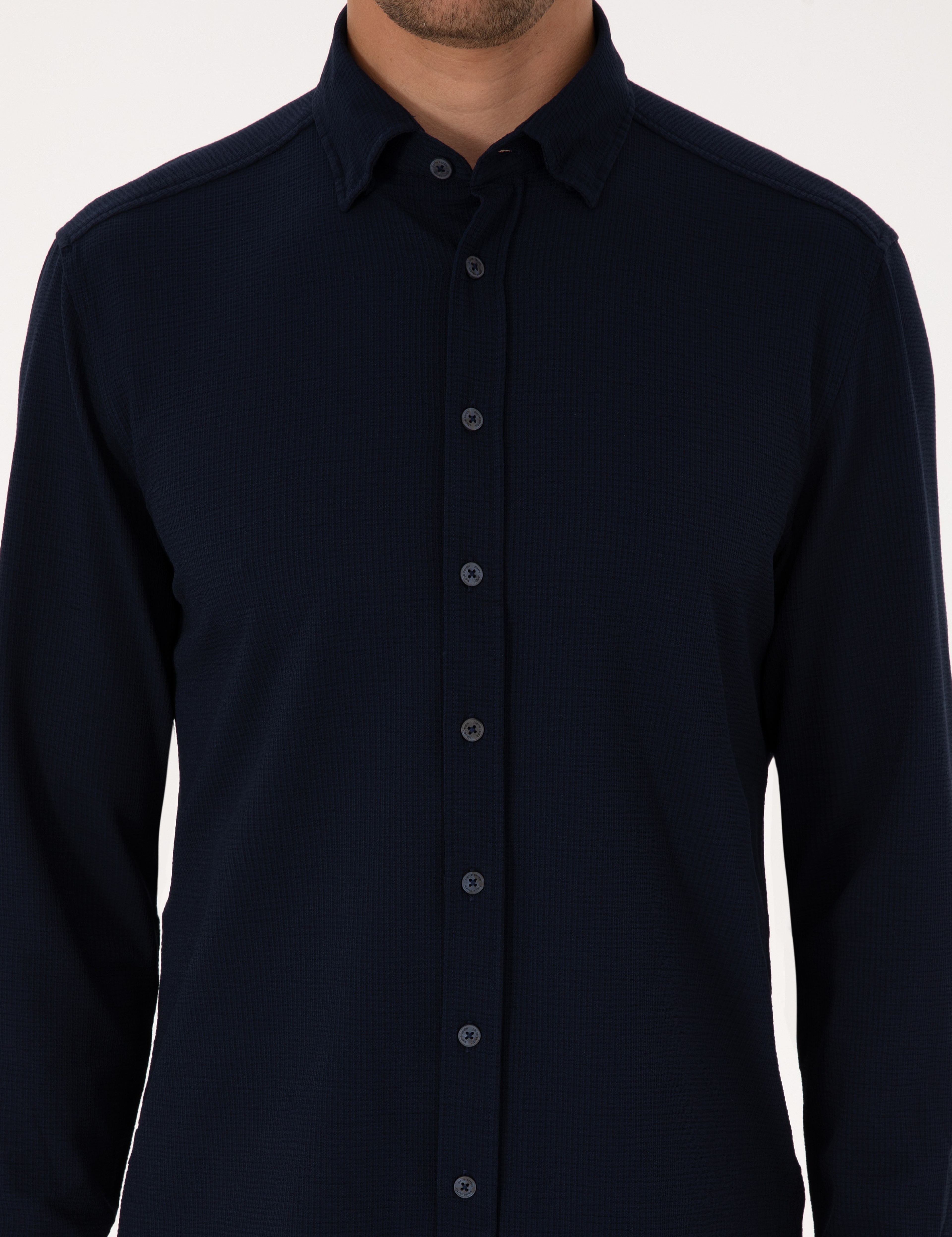 Lacivert Esnek Slim Fit Çizgili Uzun Kollu Gömlek