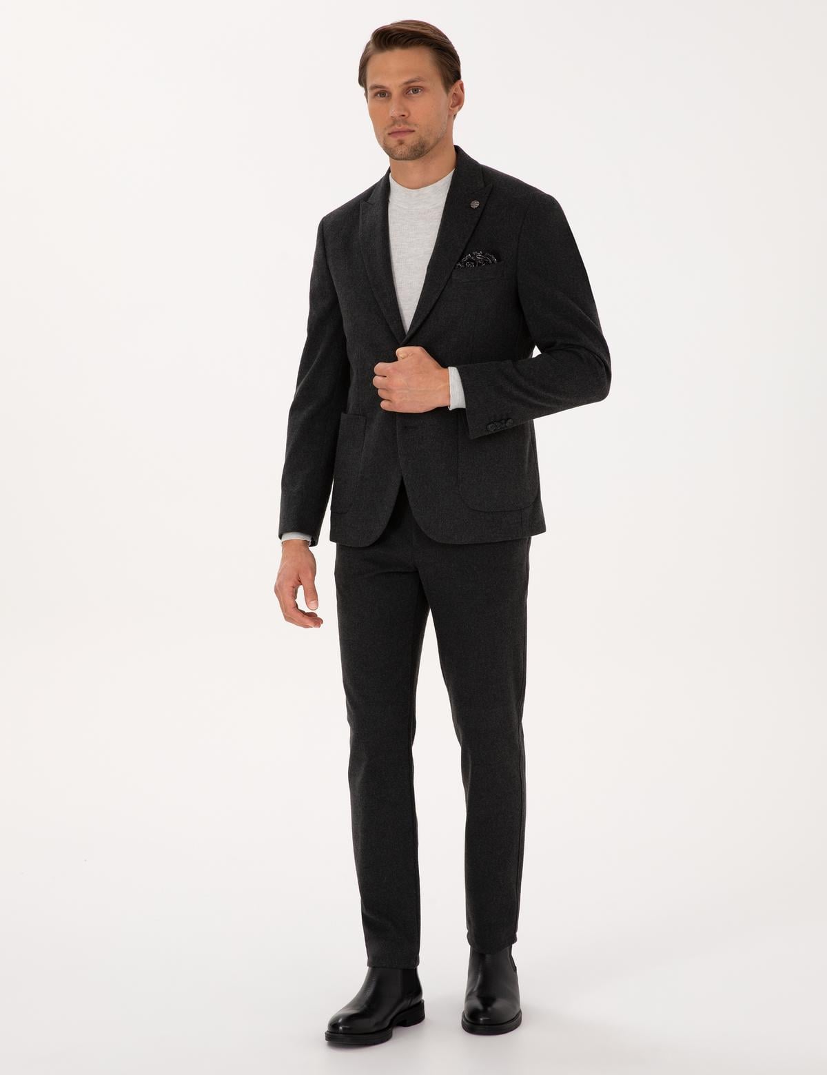 Antrasit Slim Fit Flanel Dokulu Kumaş Pantolon - 50317639006