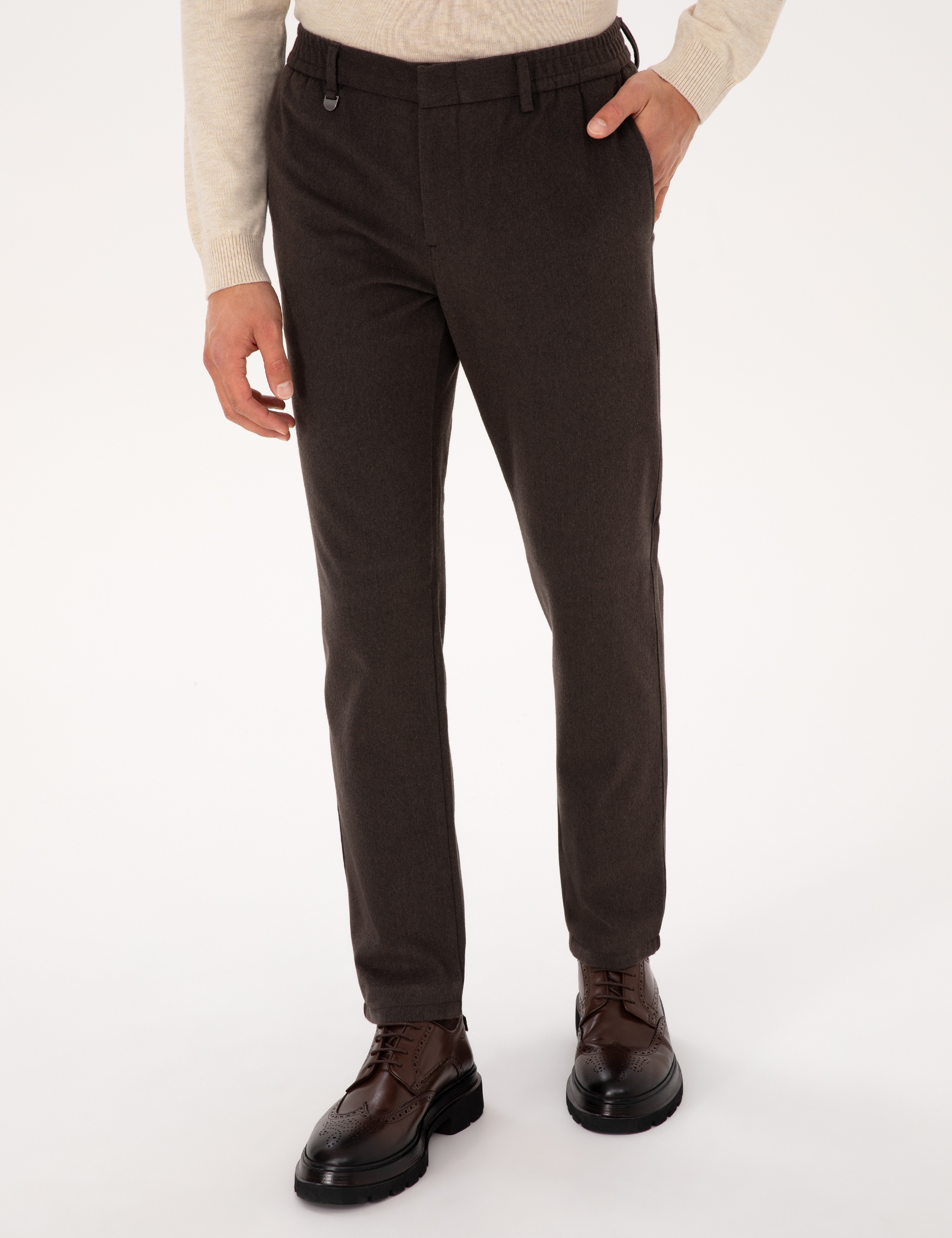Kahverengi Slim Fit Flanel Dokulu Kumaş Pantolon - Image 2