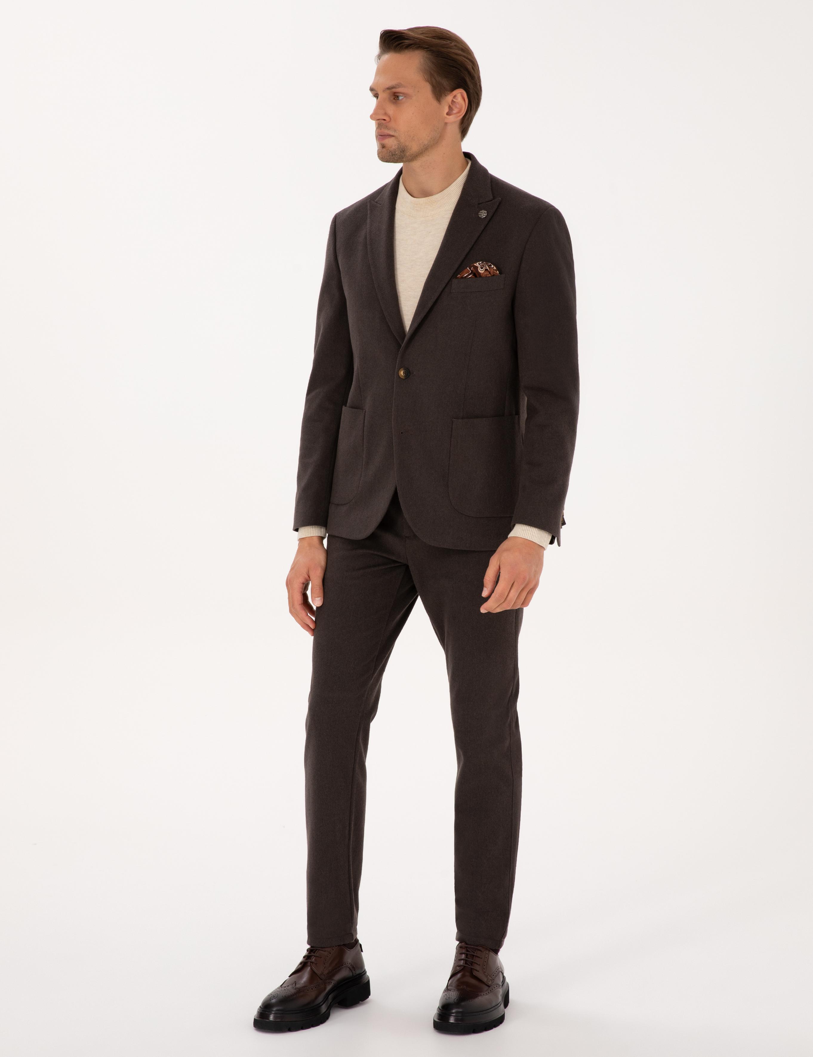 Kahverengi Slim Fit Flanel Dokulu Kumaş Pantolon