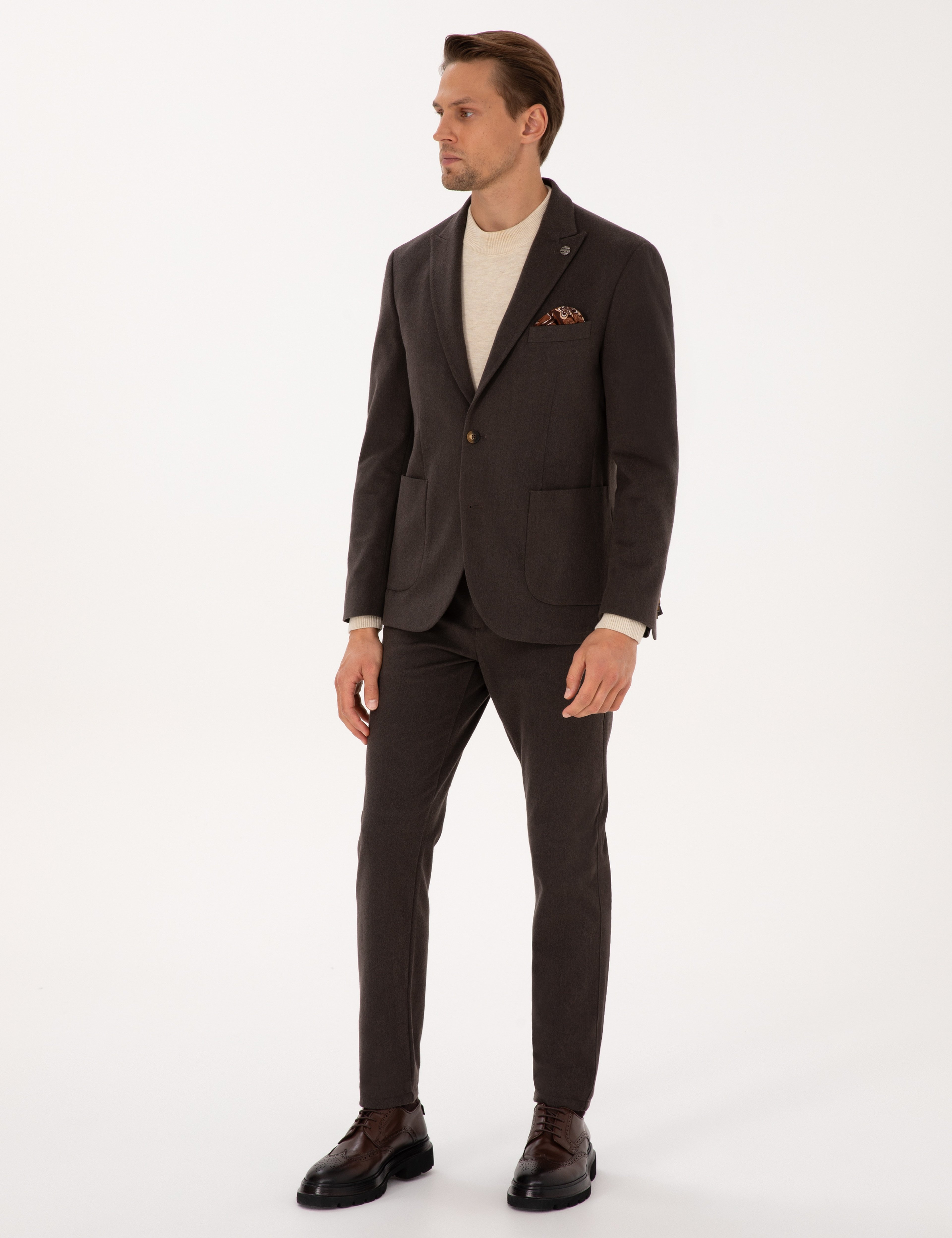 Kahverengi Slim Fit Flanel Dokulu Kumaş Pantolon - Image 3