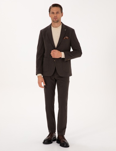 Kahverengi Slim Fit Flanel Dokulu Kumaş Pantolon