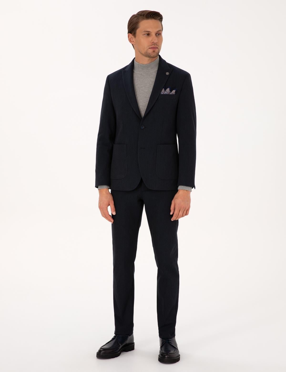 Lacivert Slim Fit Flanel Dokulu Kumaş Pantolon