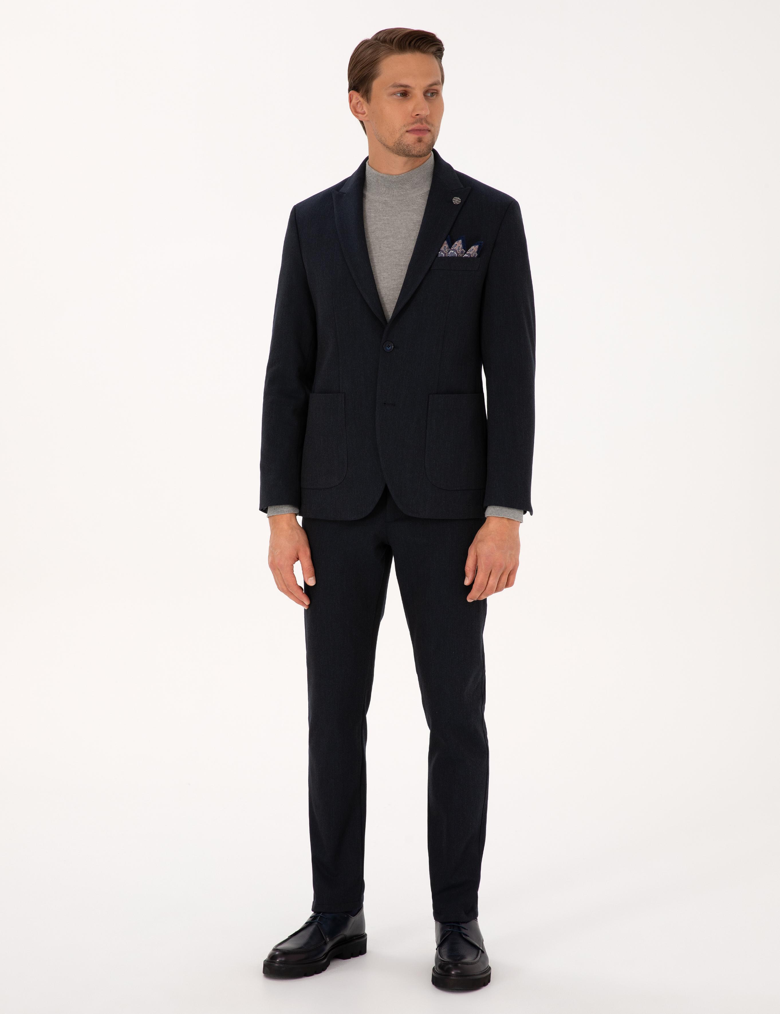 Lacivert Slim Fit Flanel Dokulu Kumaş Pantolon