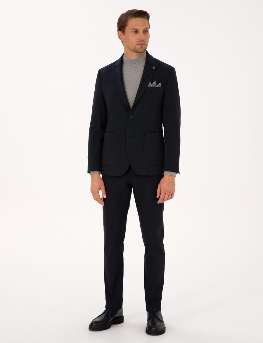 Lacivert Slim Fit Flanel Dokulu Kumaş Pantolon