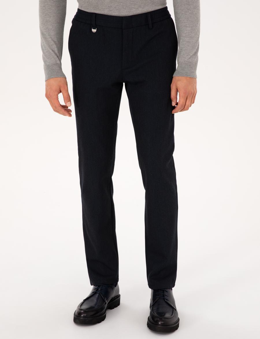 Lacivert Slim Fit Flanel Dokulu Kumaş Pantolon