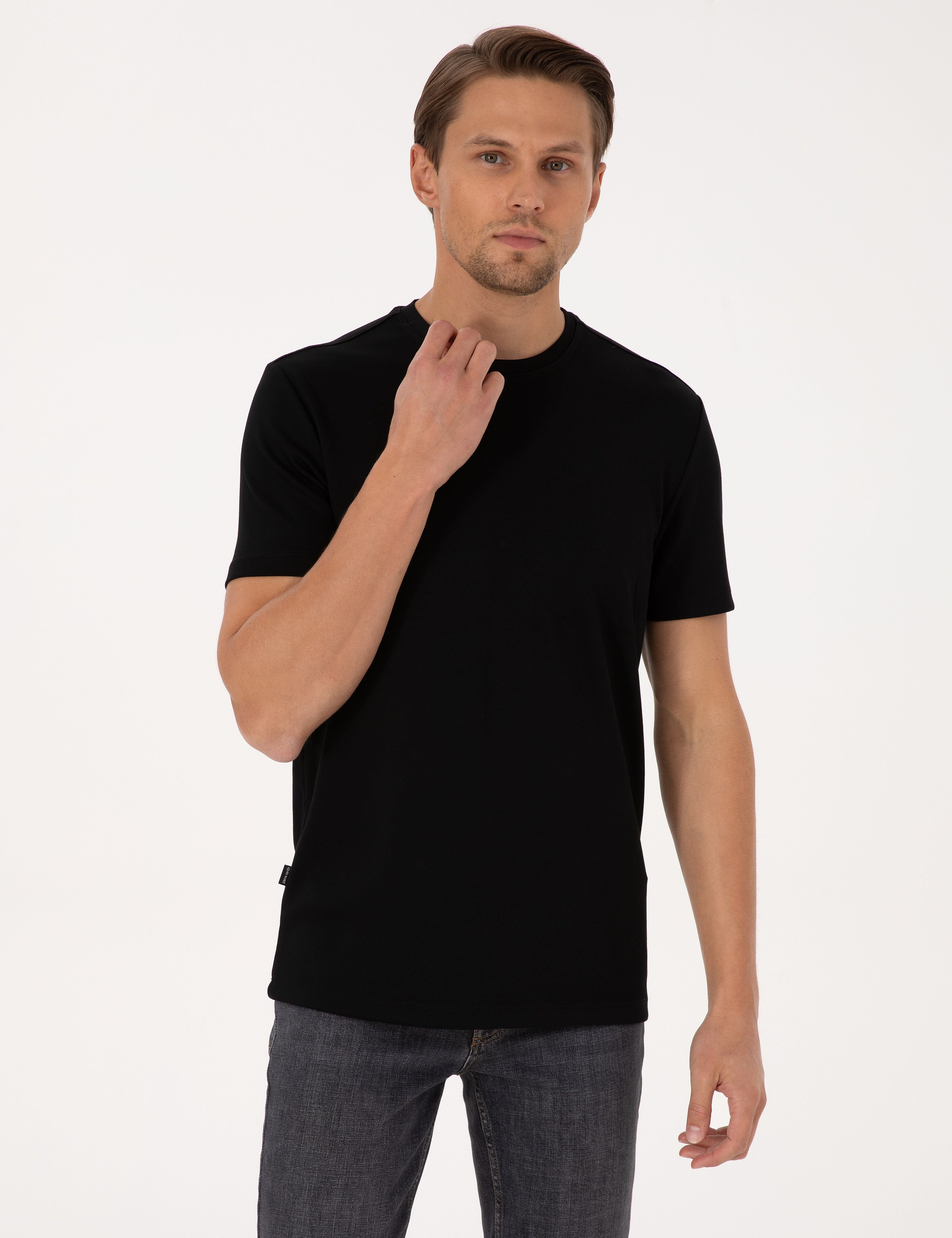 Siyah Regular Fit Kalın Dokulu Bisiklet Yaka Basic Tişört - Image 1