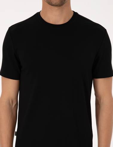 Siyah Regular Fit Kalın Dokulu Bisiklet Yaka Basic Tişört