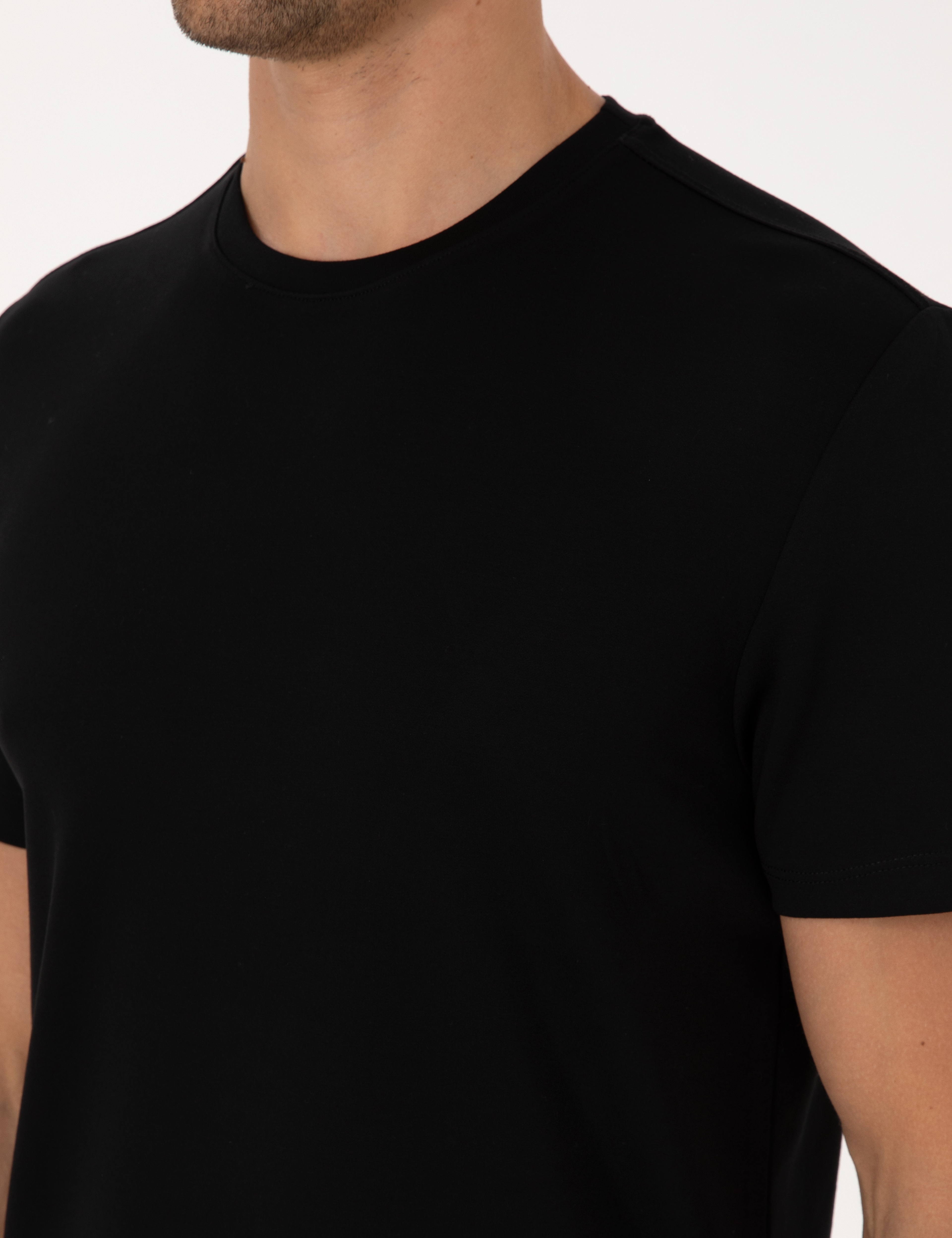Siyah Regular Fit Kalın Dokulu Bisiklet Yaka Basic Tişört - Image 7