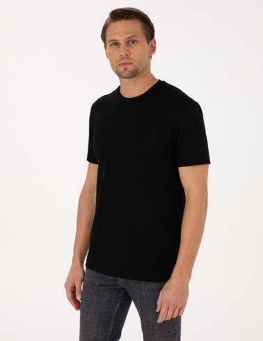 Siyah Regular Fit Kalın Dokulu Bisiklet Yaka Basic Tişört