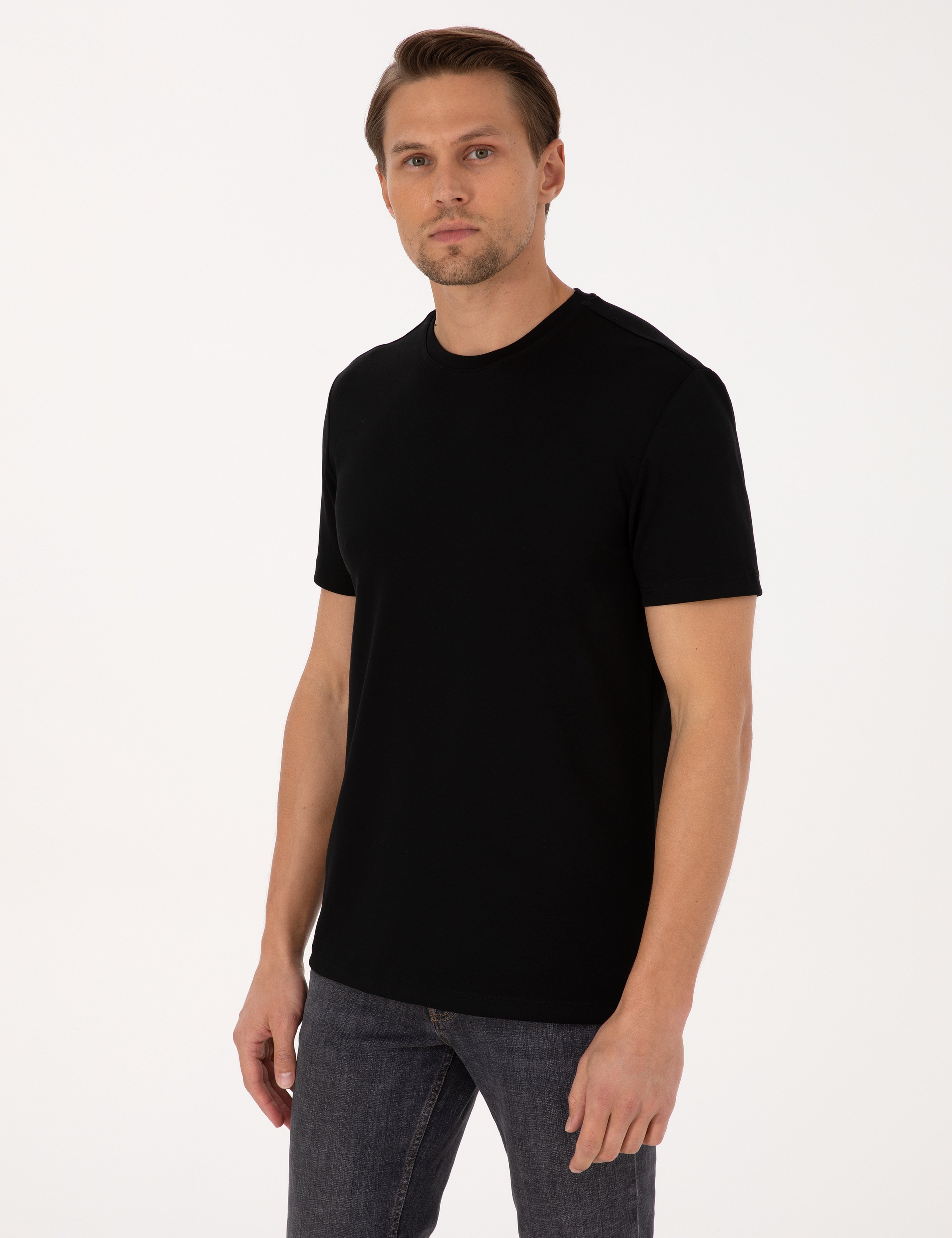 Siyah Regular Fit Kalın Dokulu Bisiklet Yaka Basic Tişört - Image 3