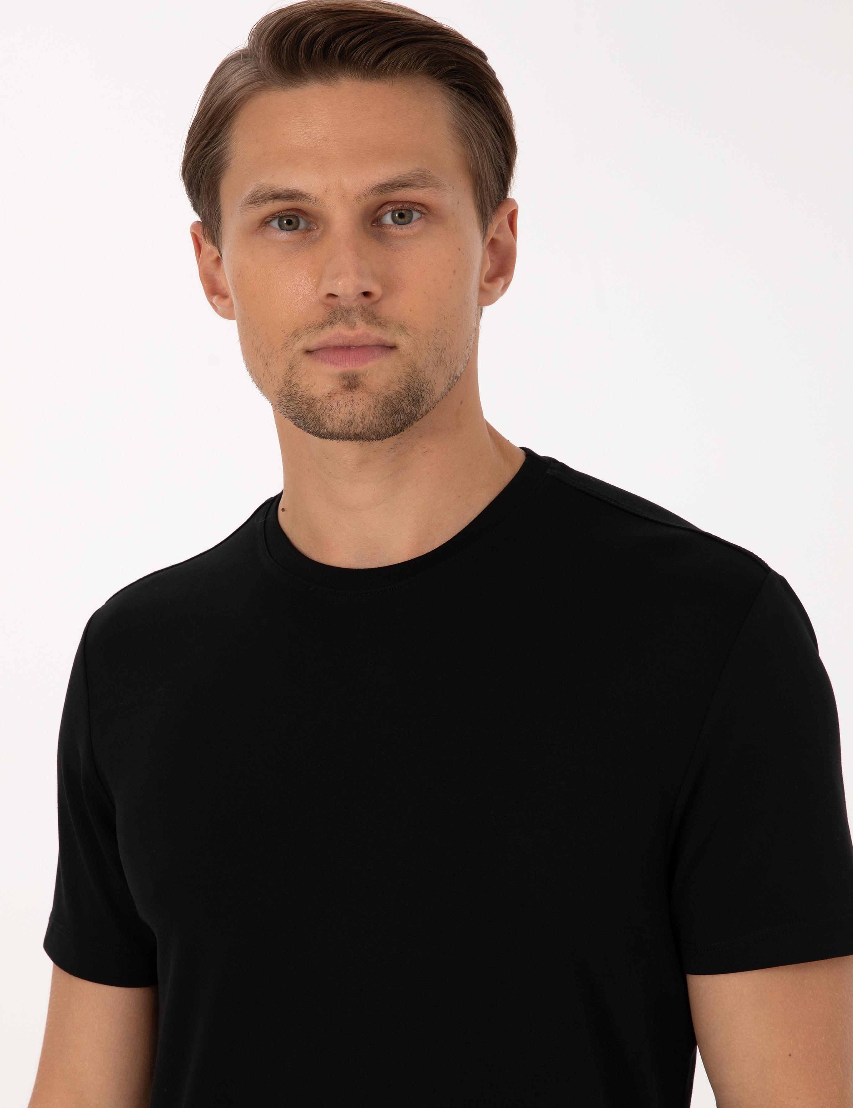 Siyah Regular Fit Kalın Dokulu Bisiklet Yaka Basic Tişört