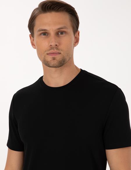 Siyah Regular Fit Kalın Dokulu Bisiklet Yaka Basic Tişört - 50318130041