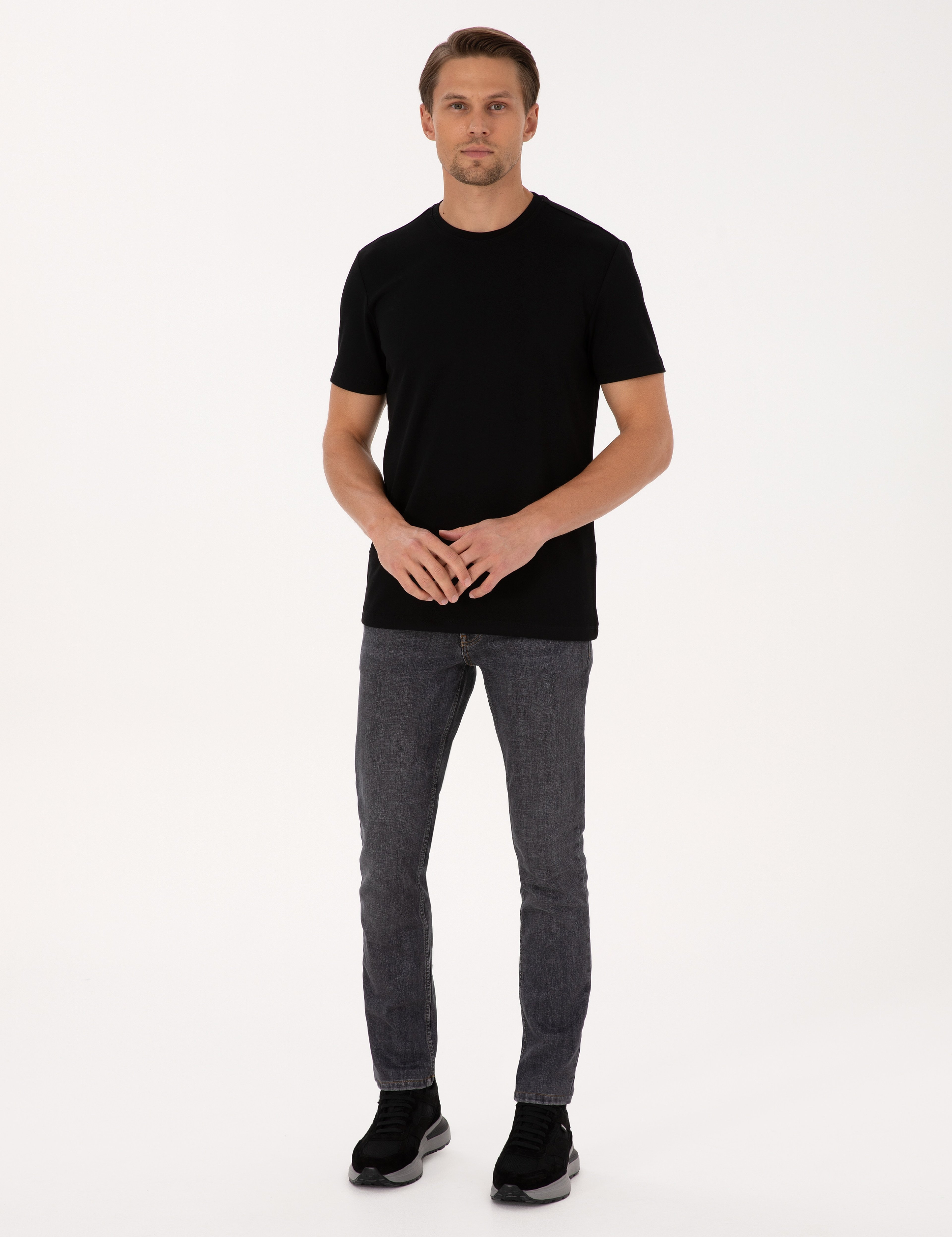 Siyah Regular Fit Kalın Dokulu Bisiklet Yaka Basic Tişört - Image 4