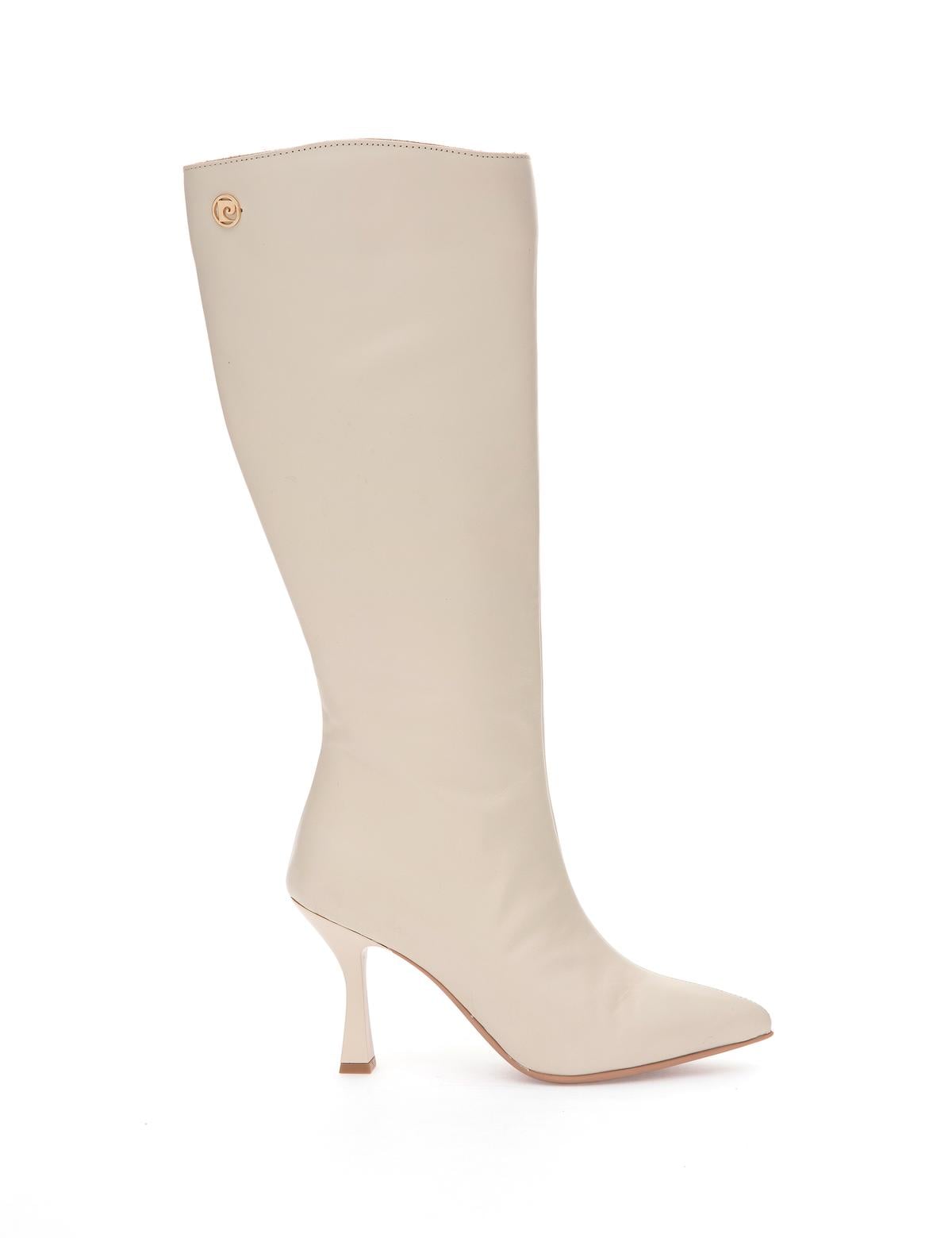 Ekru Topuklu Deri Çizme - 50314213026
