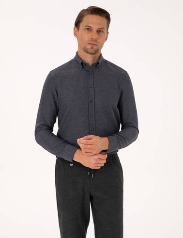 Lacivert Slim Fit Dokulu Uzun Kollu Gömlek