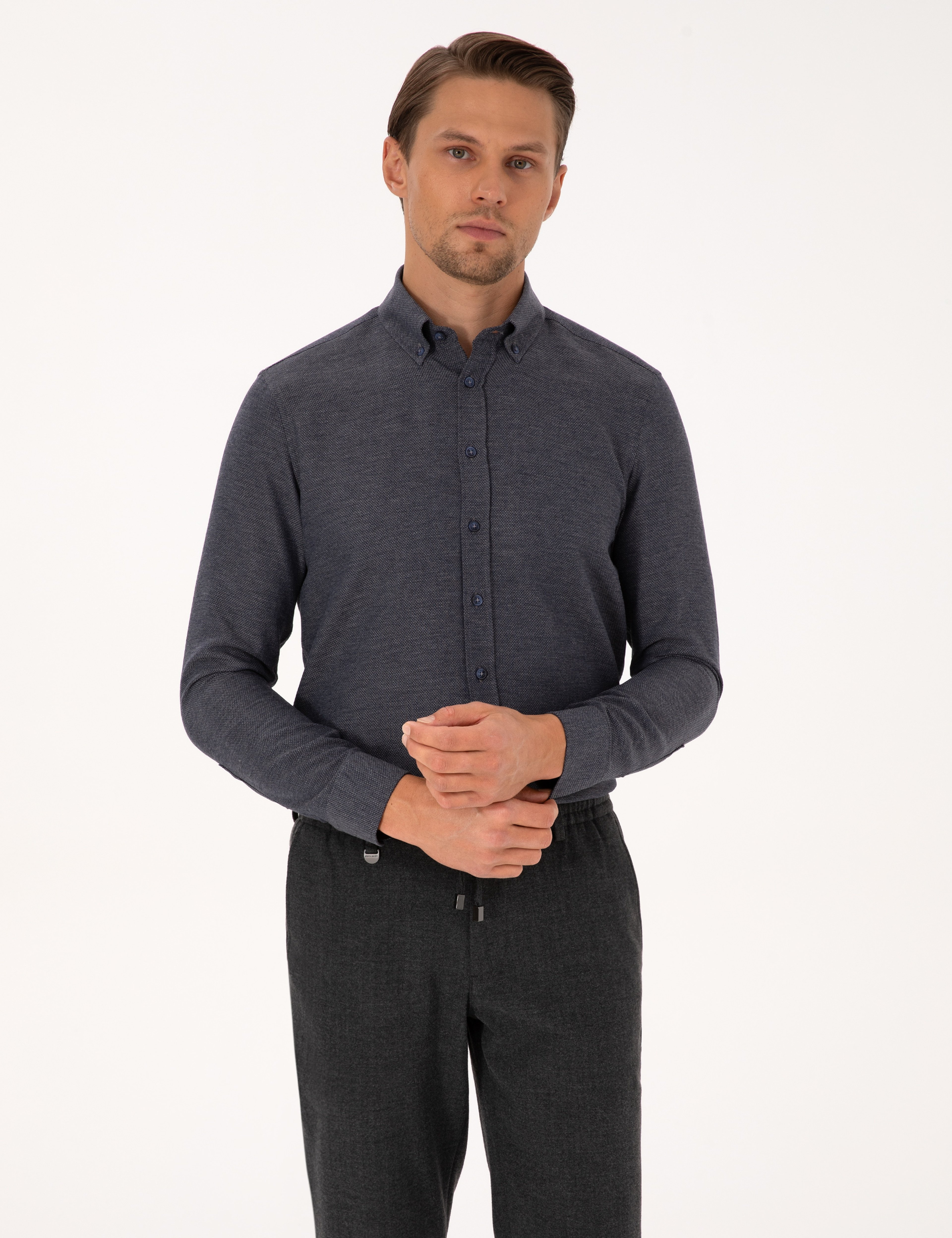 Lacivert Slim Fit Dokulu Uzun Kollu Gömlek