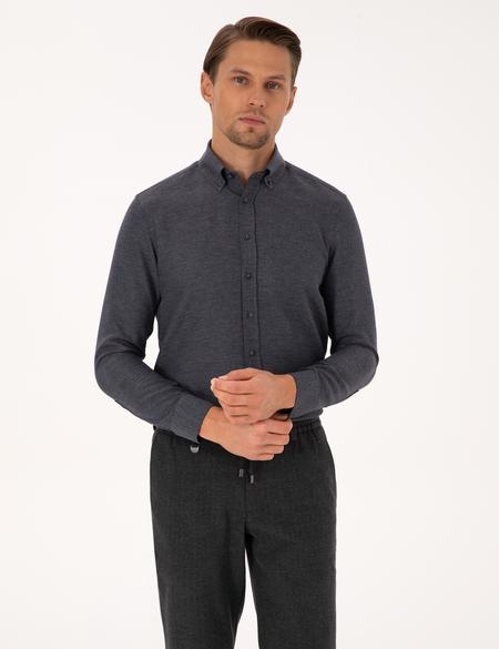 Lacivert Slim Fit Dokulu Uzun Kollu Gömlek - 50316768025