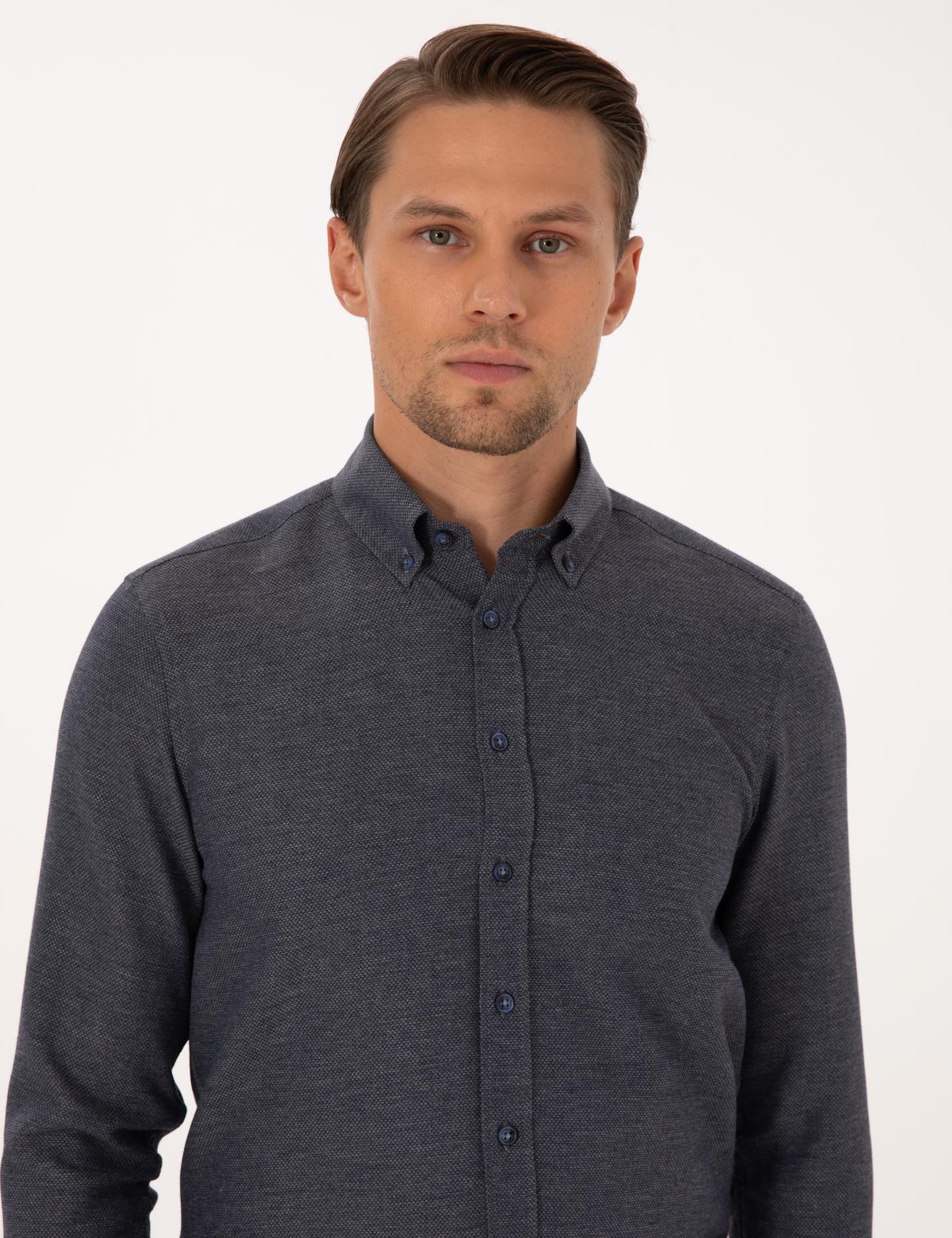 Lacivert Slim Fit Dokulu Uzun Kollu Gömlek - 50316768025