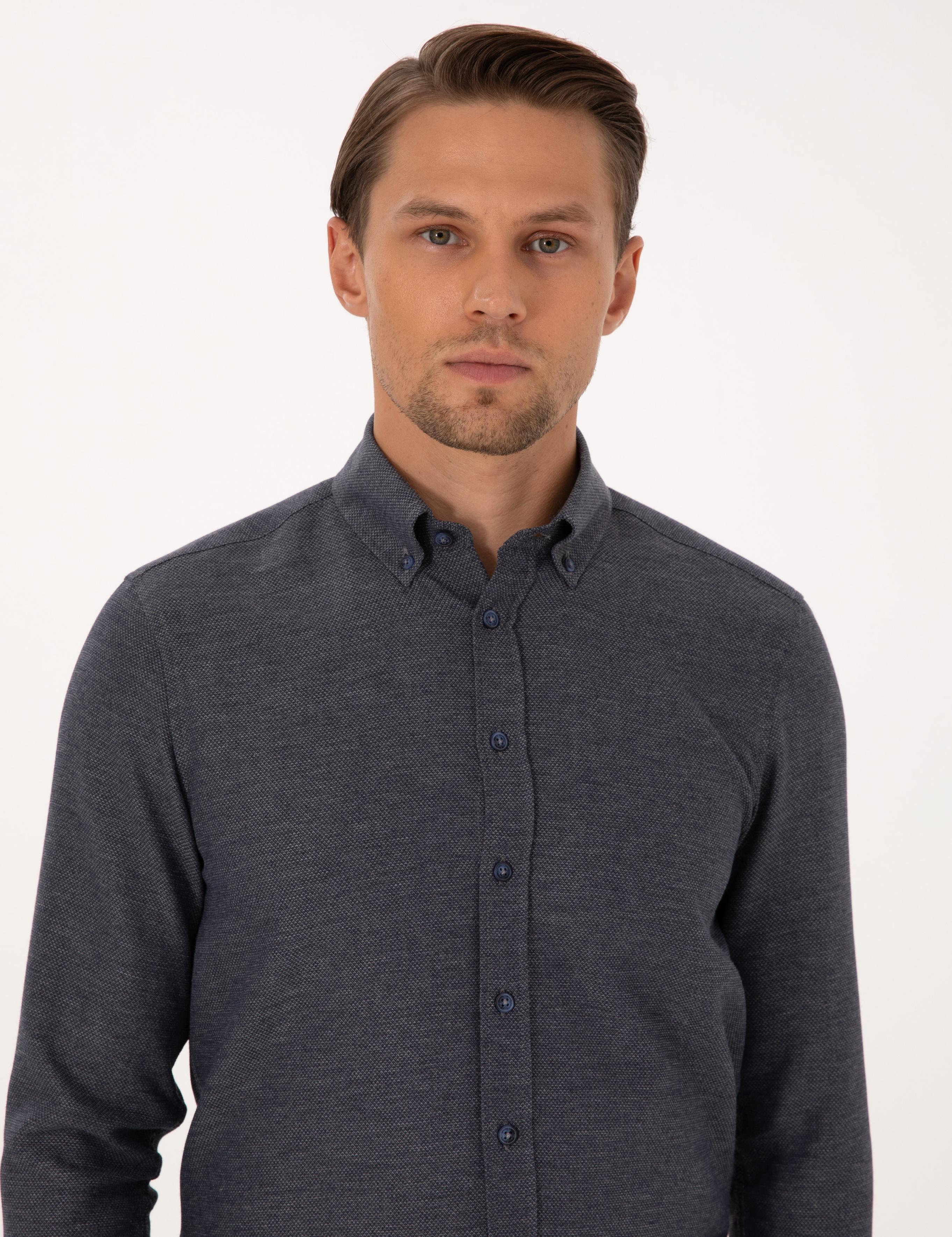 Lacivert Slim Fit Dokulu Uzun Kollu Gömlek