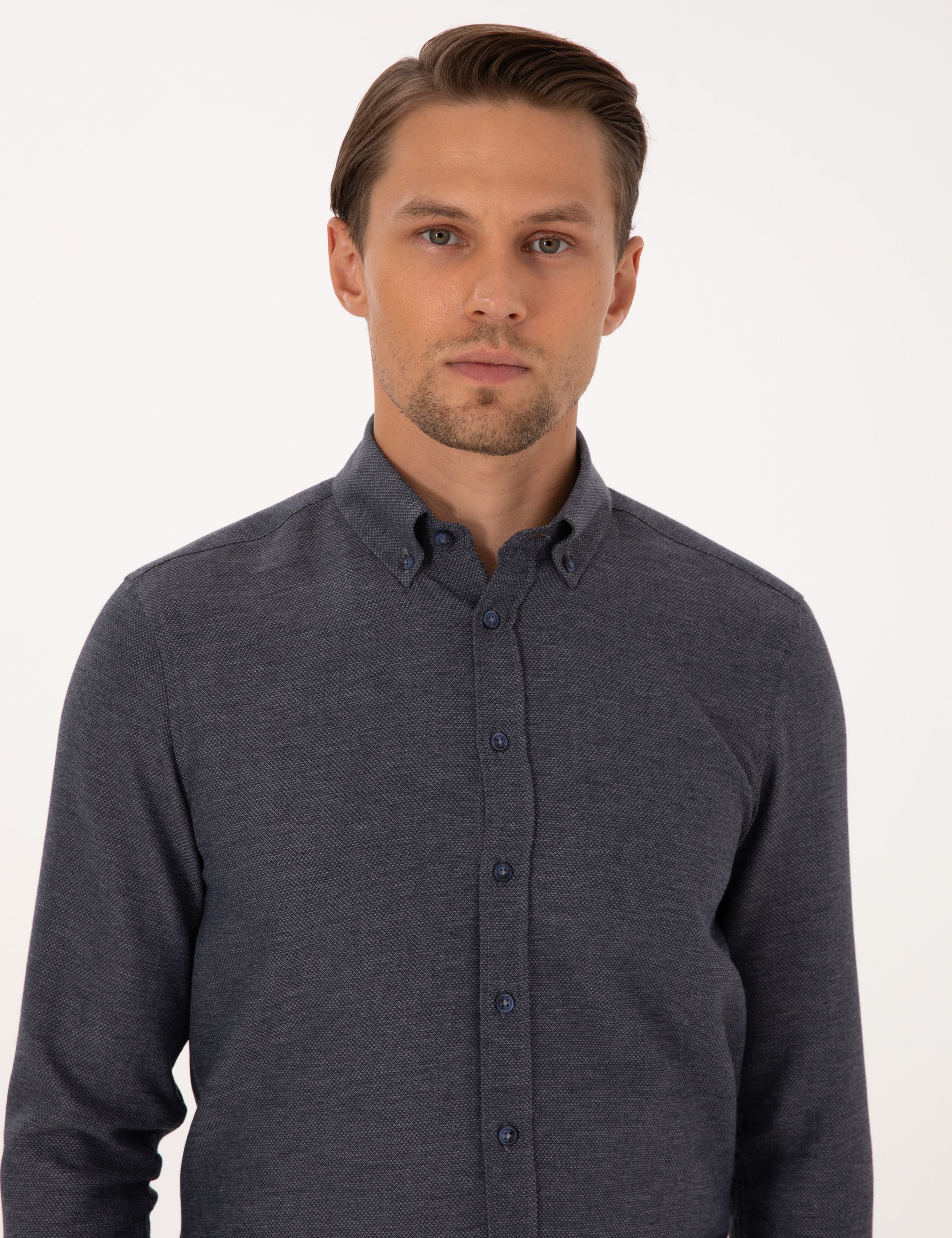 Lacivert Slim Fit Dokulu Uzun Kollu Gömlek