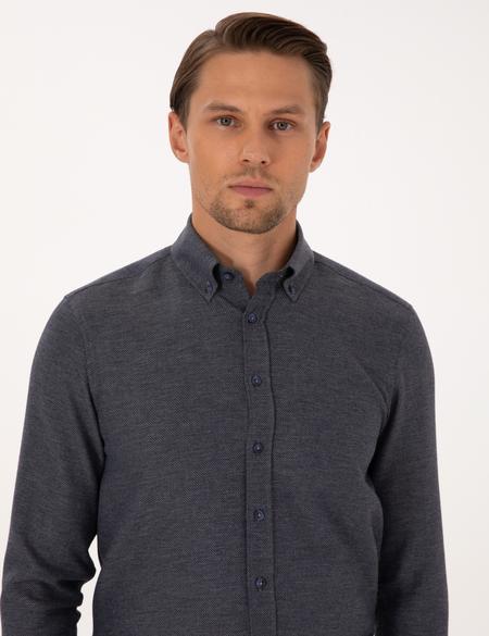 Lacivert Slim Fit Dokulu Uzun Kollu Gömlek - 50316768025