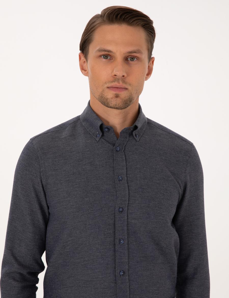 Lacivert Slim Fit Dokulu Uzun Kollu Gömlek