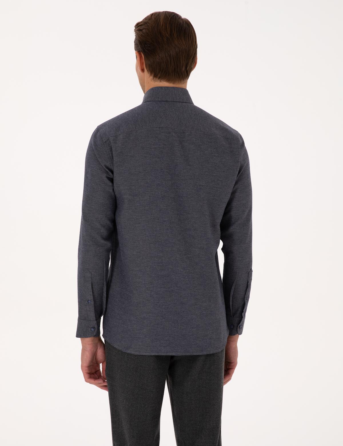 Lacivert Slim Fit Dokulu Uzun Kollu Gömlek - 50316768025