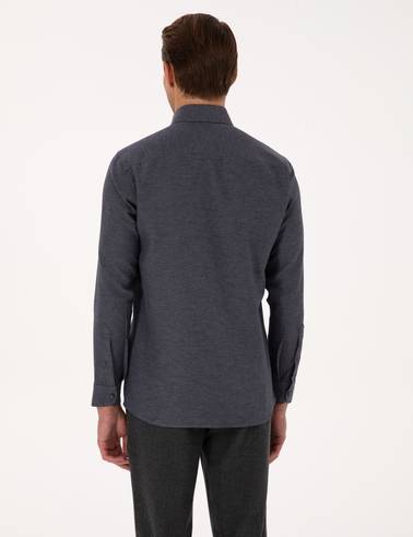 Lacivert Slim Fit Dokulu Uzun Kollu Gömlek