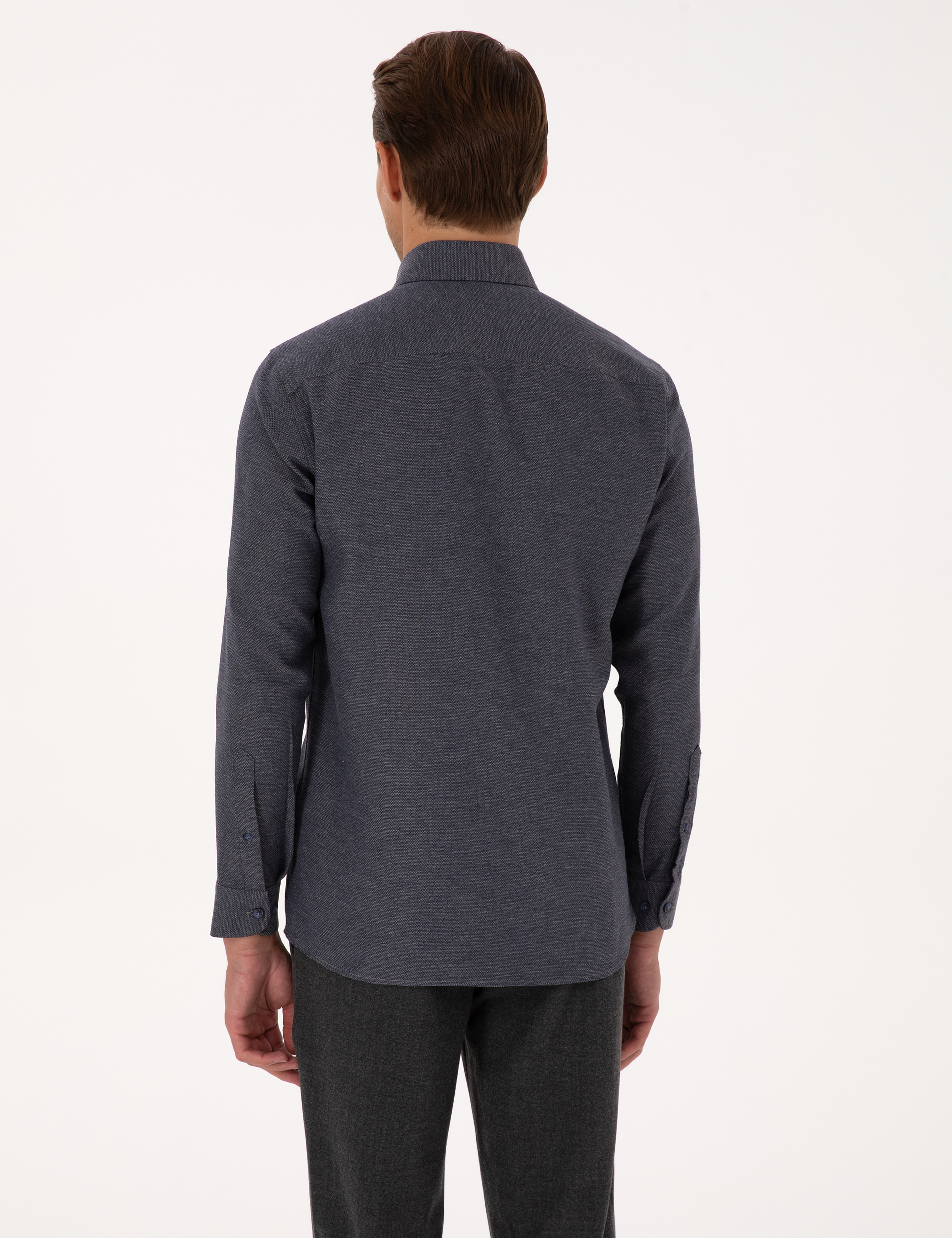 Lacivert Slim Fit Dokulu Uzun Kollu Gömlek