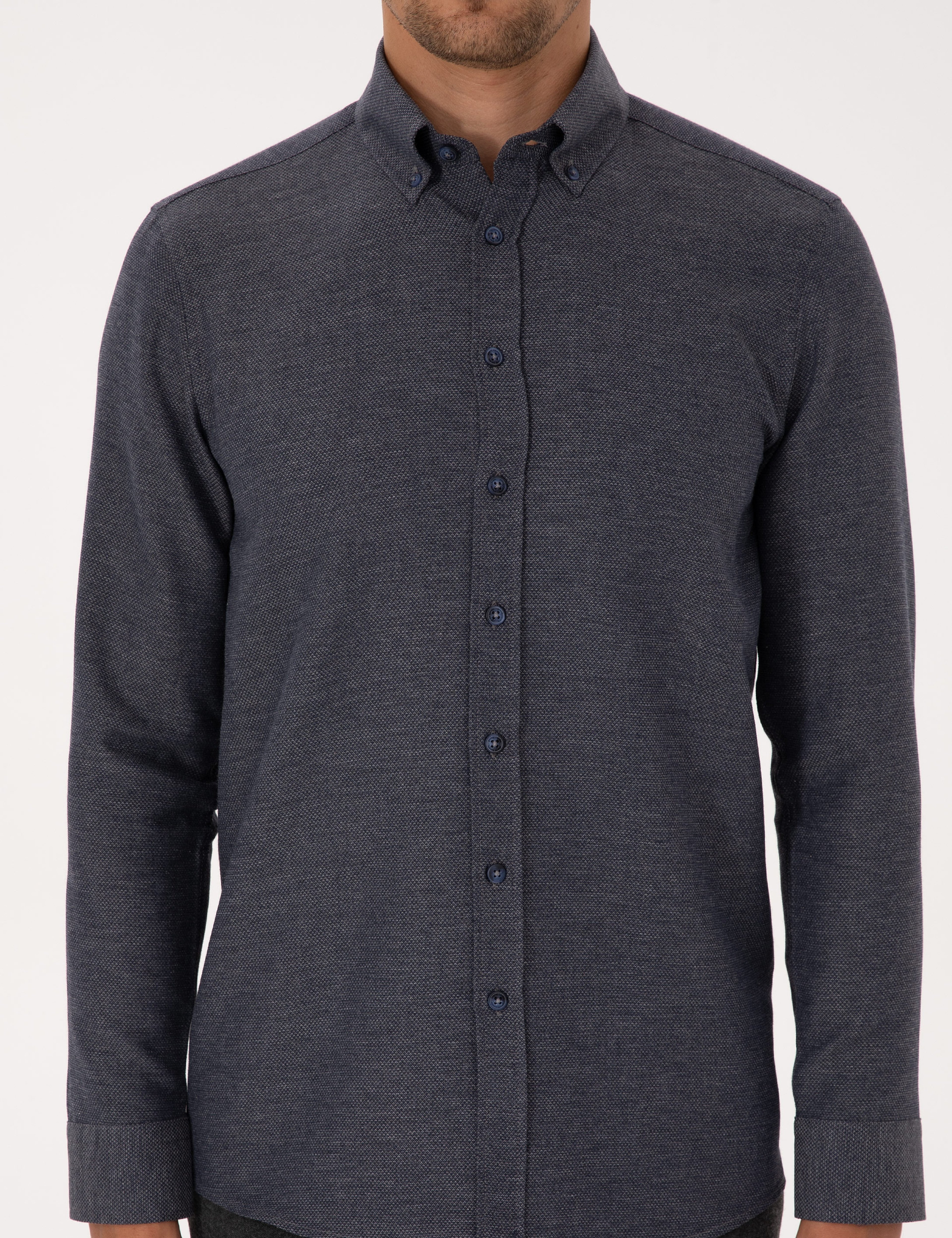Lacivert Slim Fit Dokulu Uzun Kollu Gömlek