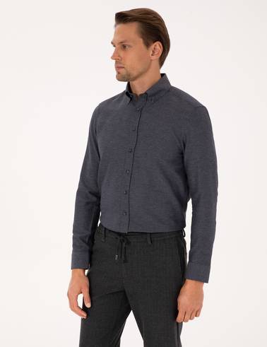 Lacivert Slim Fit Dokulu Uzun Kollu Gömlek