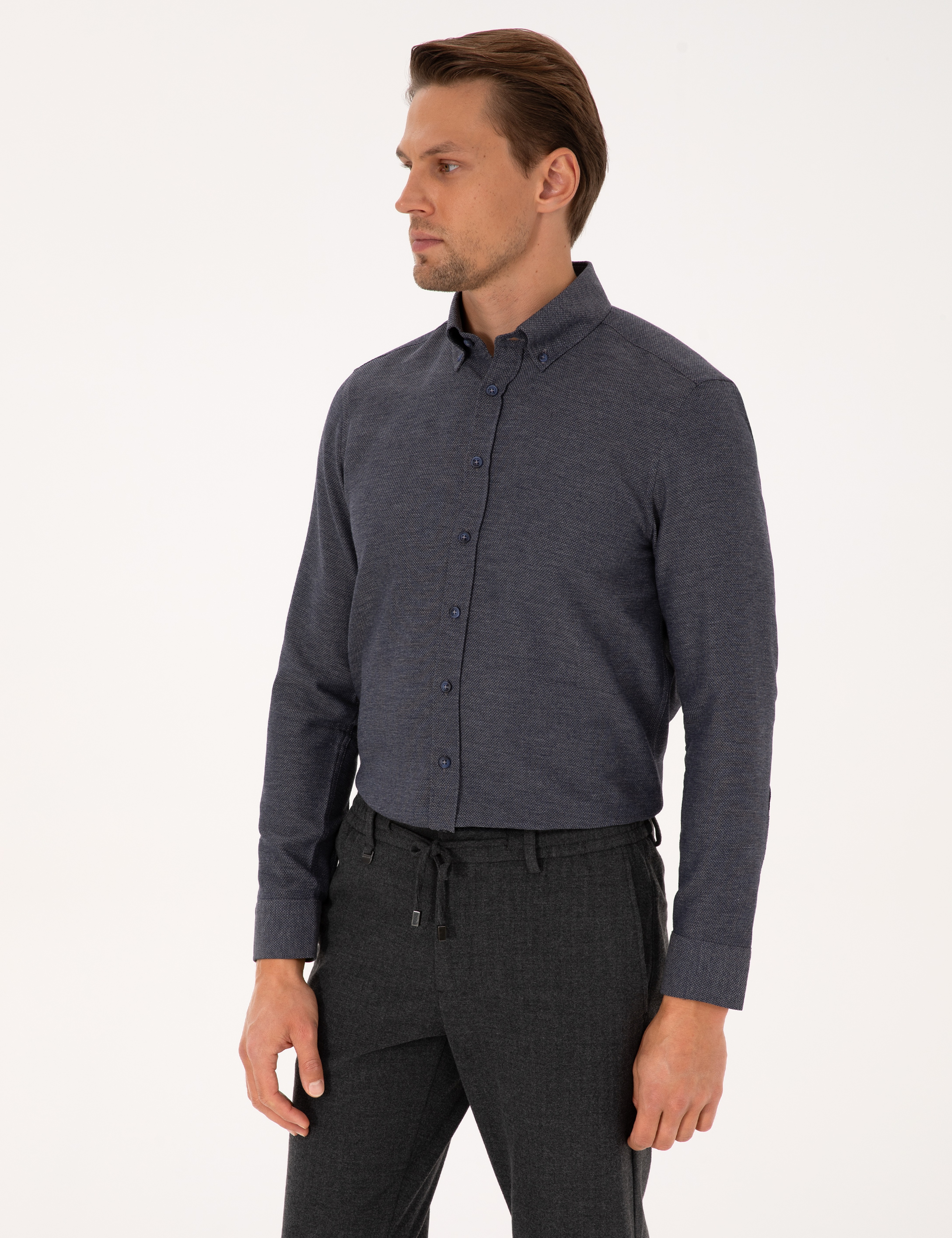 Lacivert Slim Fit Dokulu Uzun Kollu Gömlek
