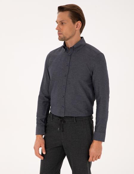 Lacivert Slim Fit Dokulu Uzun Kollu Gömlek - 50316768025