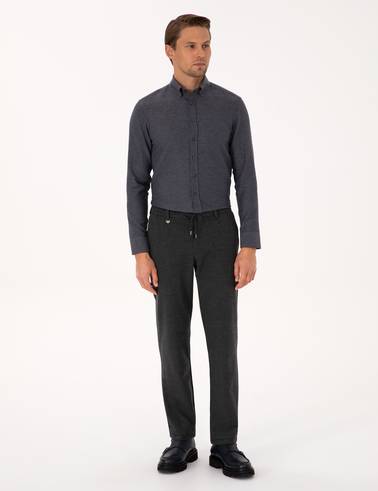 Lacivert Slim Fit Dokulu Uzun Kollu Gömlek