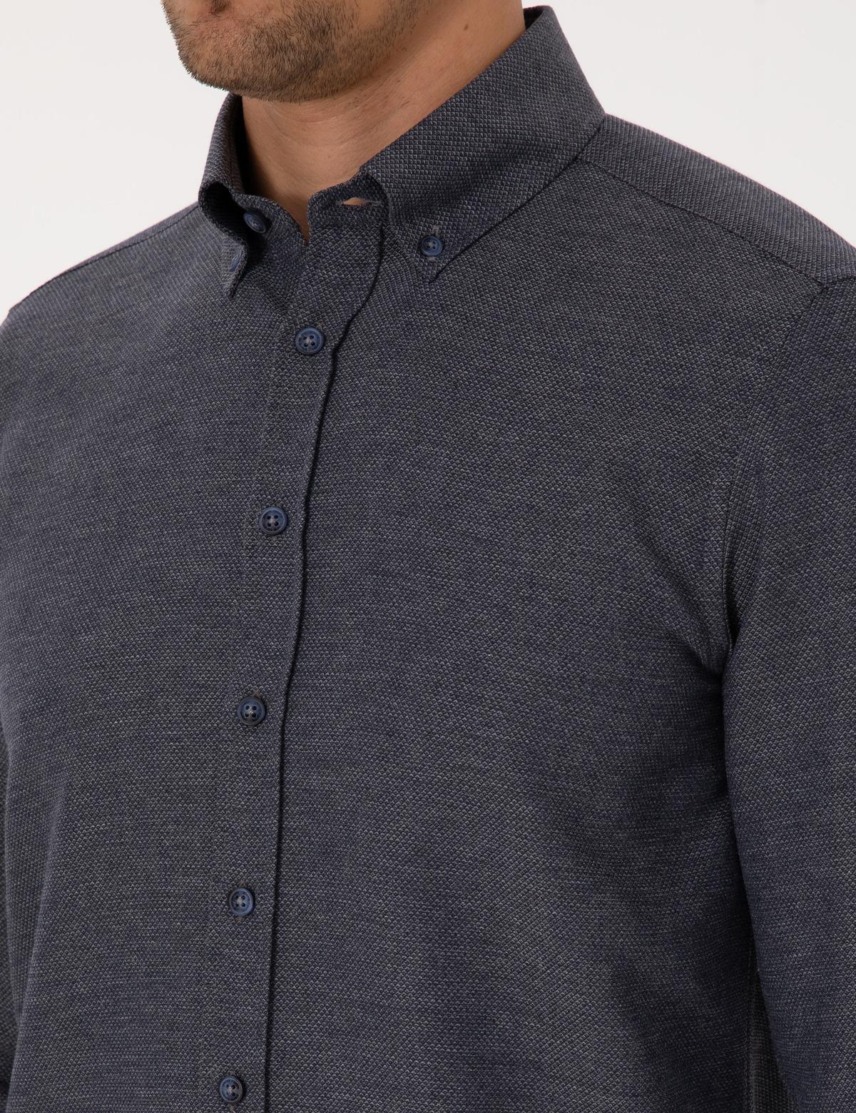 Lacivert Slim Fit Dokulu Uzun Kollu Gömlek - 50316768025