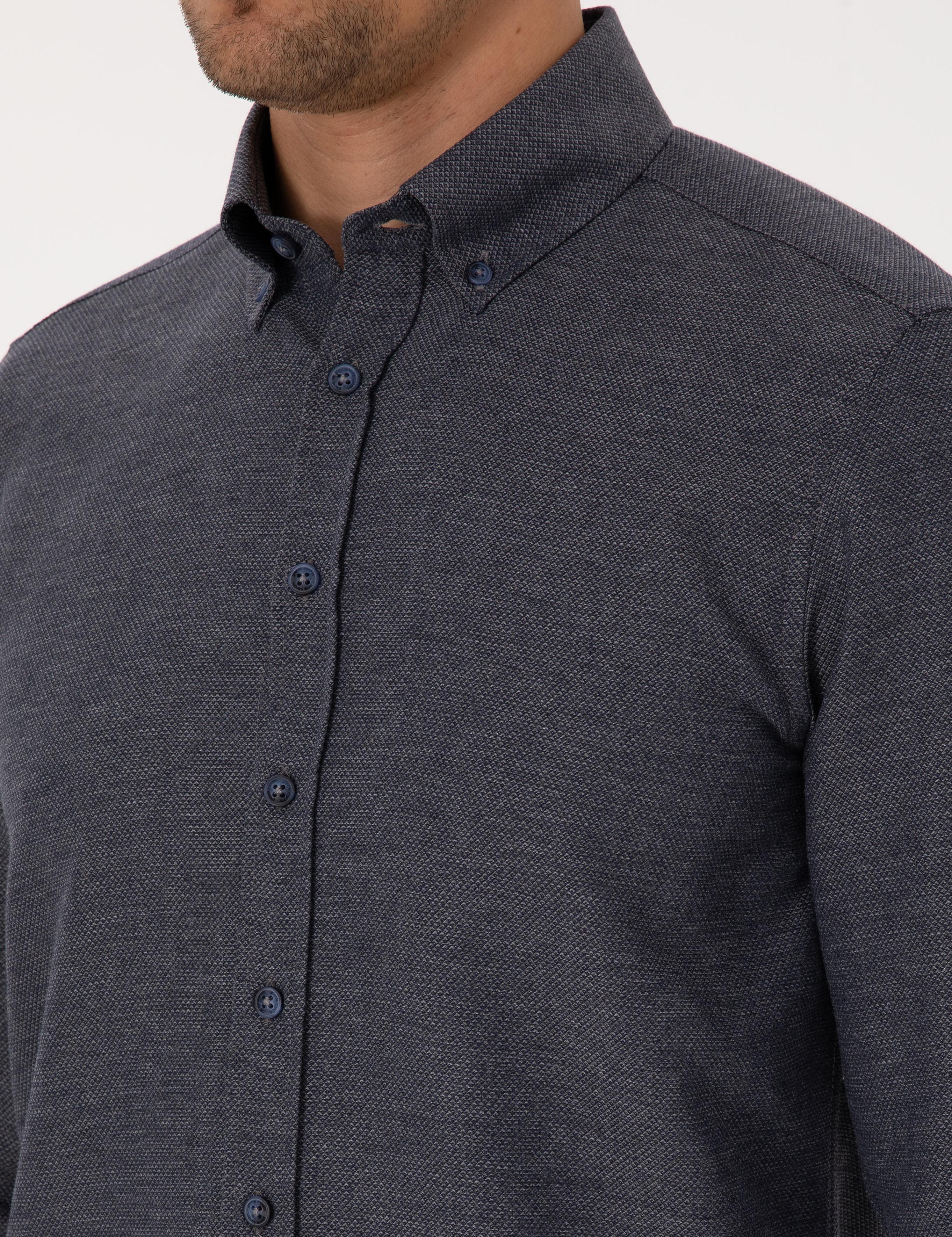 Lacivert Slim Fit Dokulu Uzun Kollu Gömlek