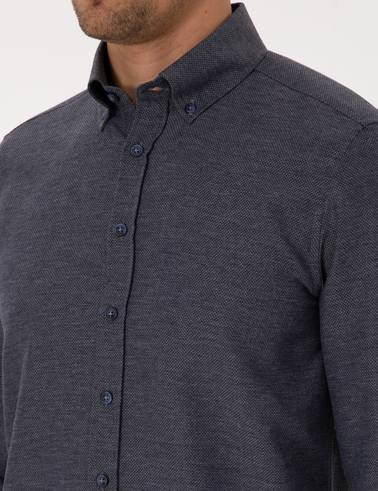 Lacivert Slim Fit Dokulu Uzun Kollu Gömlek