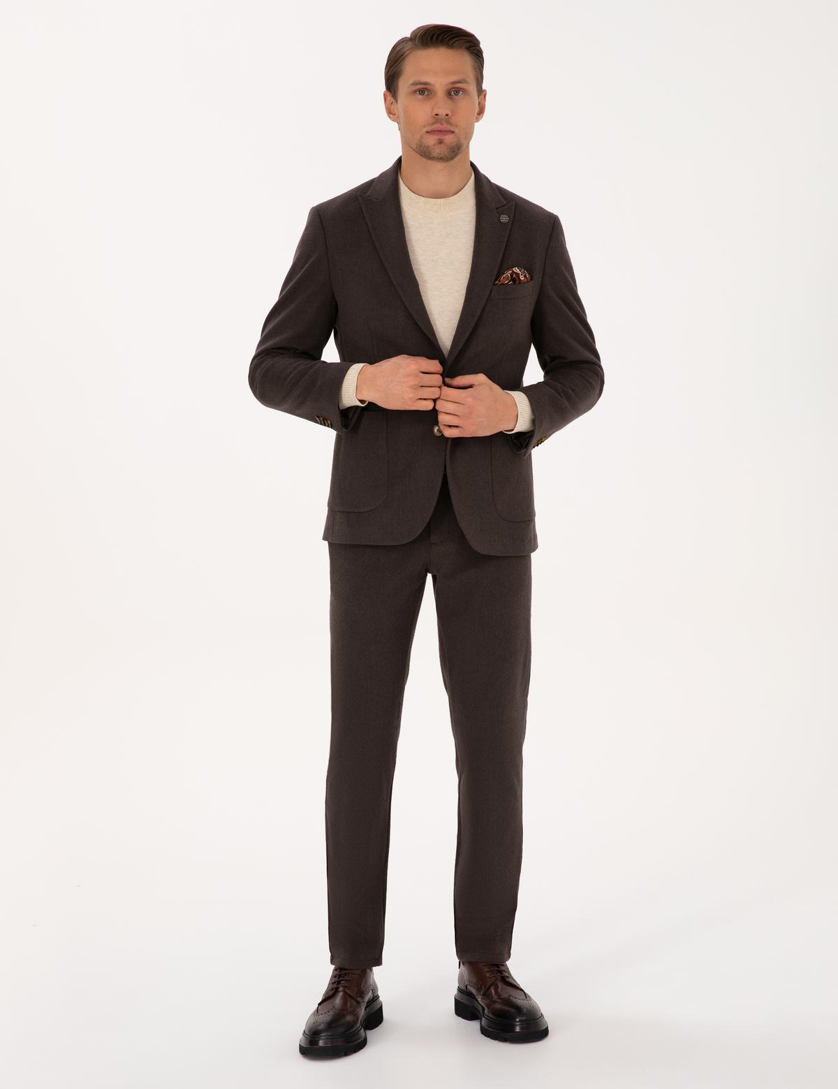 Kahverengi Slim Fit Flanel Dokulu Ceket - 50317671107