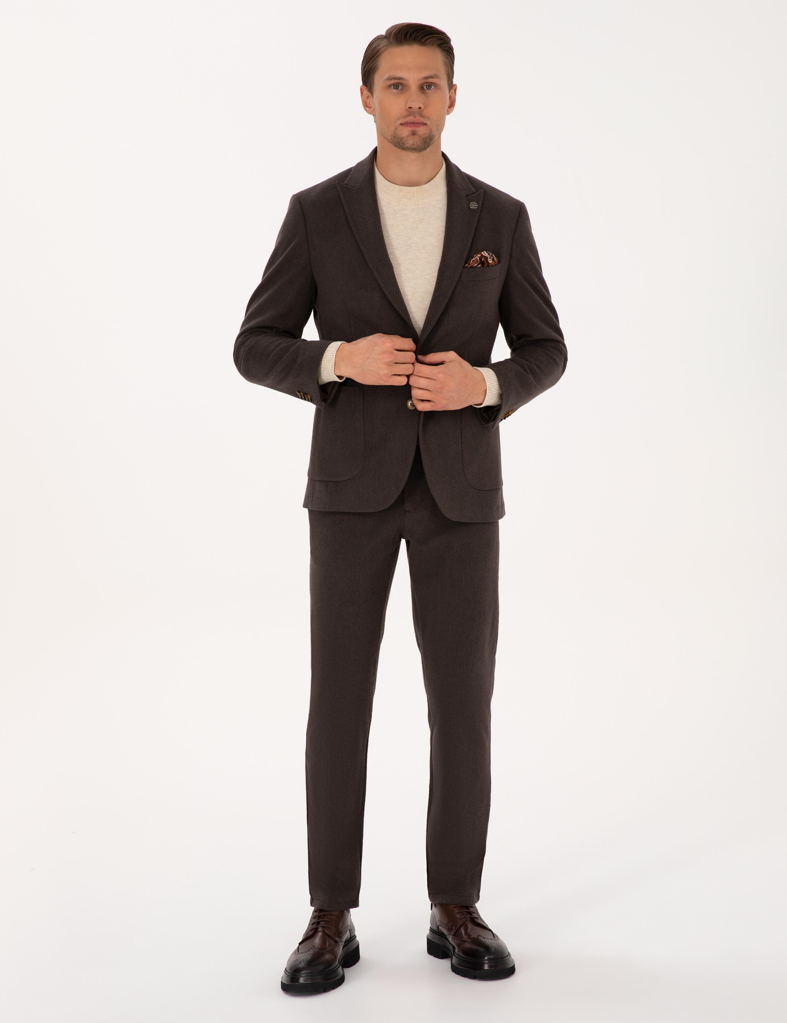 Kahverengi Slim Fit Flanel Dokulu Ceket