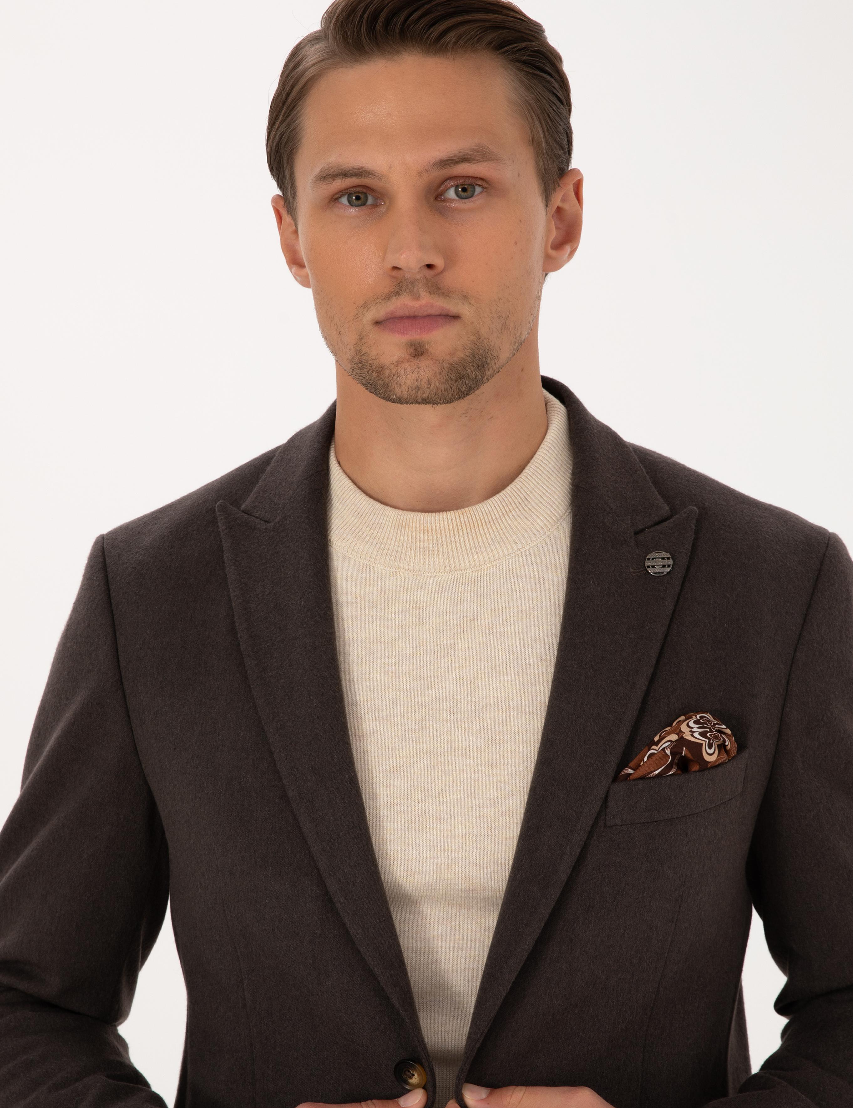 Kahverengi Slim Fit Flanel Dokulu Ceket