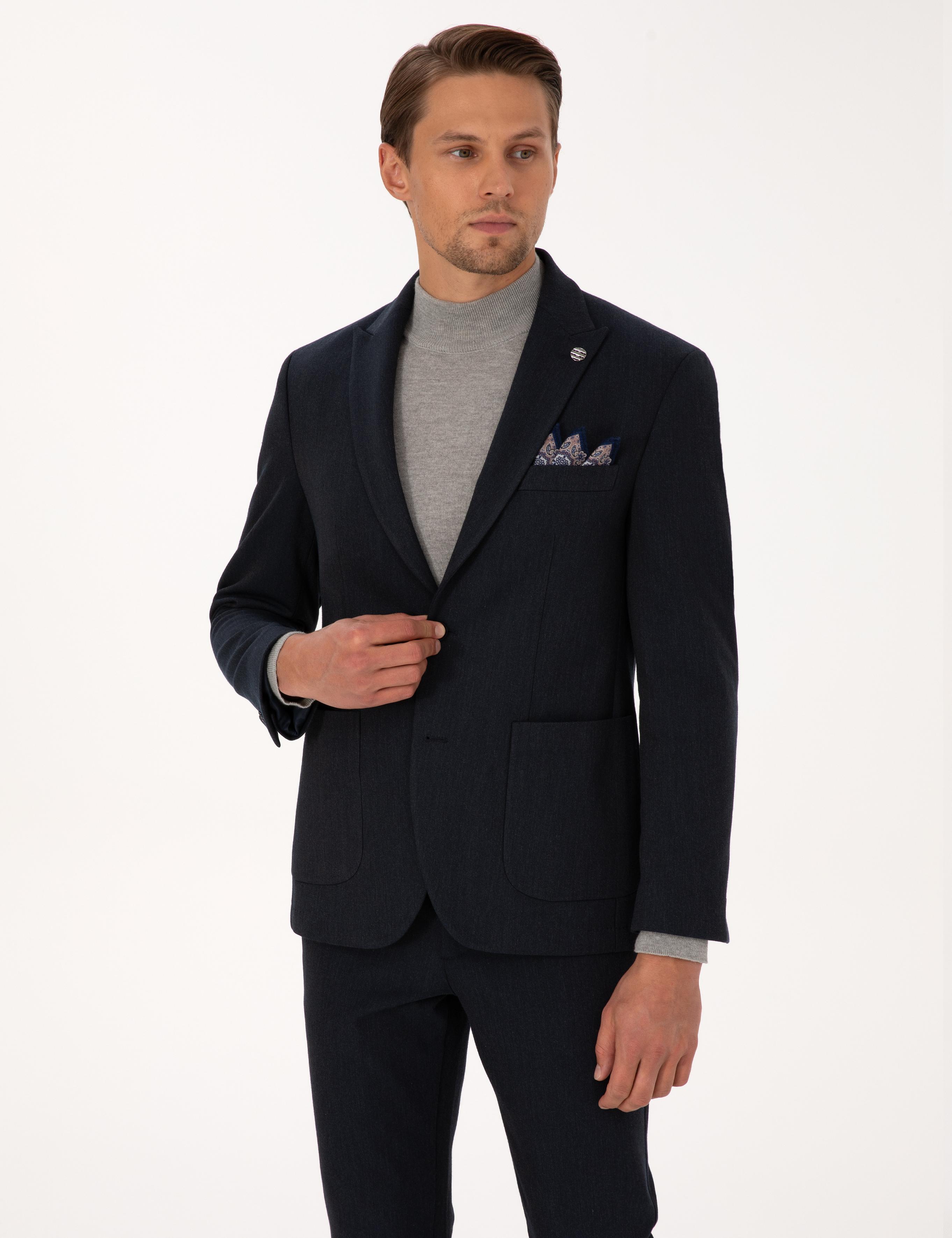 Lacivert Slim Fit Flanel Dokulu Ceket