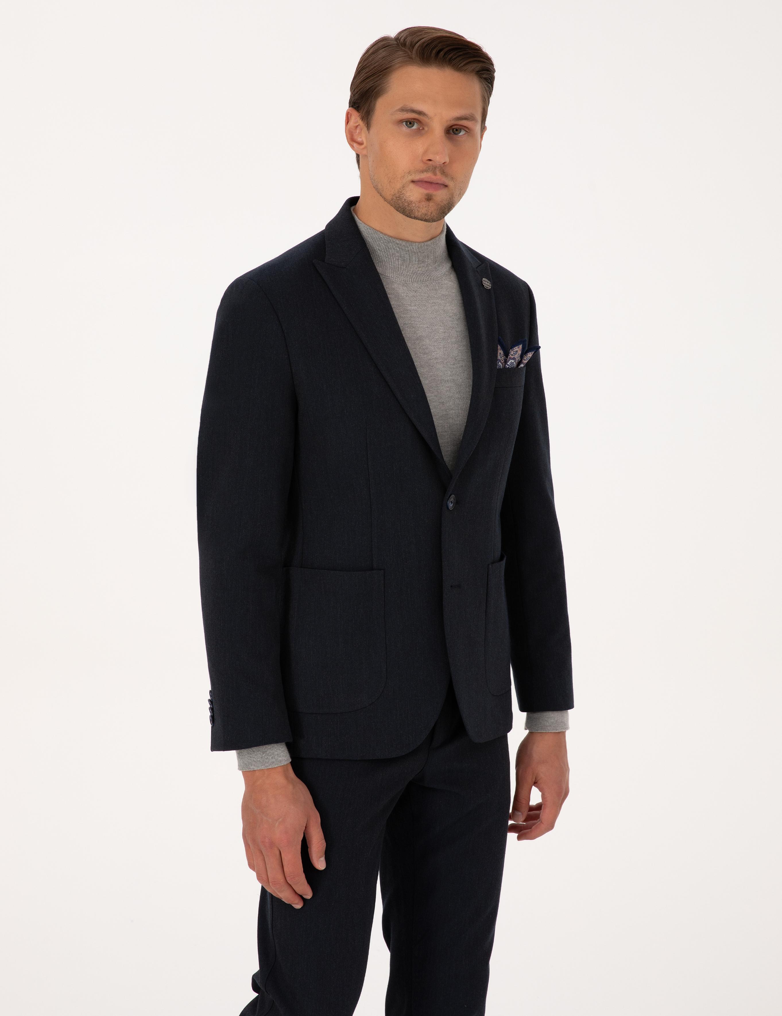 Lacivert Slim Fit Flanel Dokulu Ceket