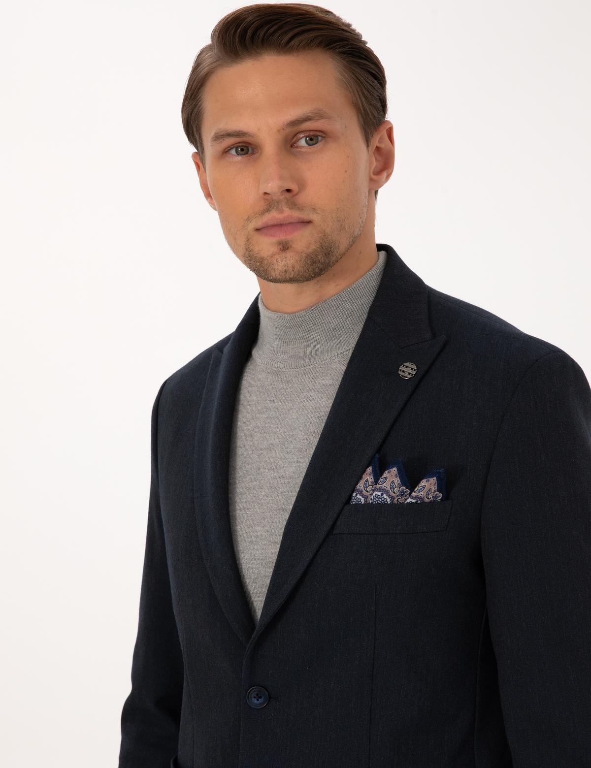 Lacivert Slim Fit Flanel Dokulu Ceket - 50317671044