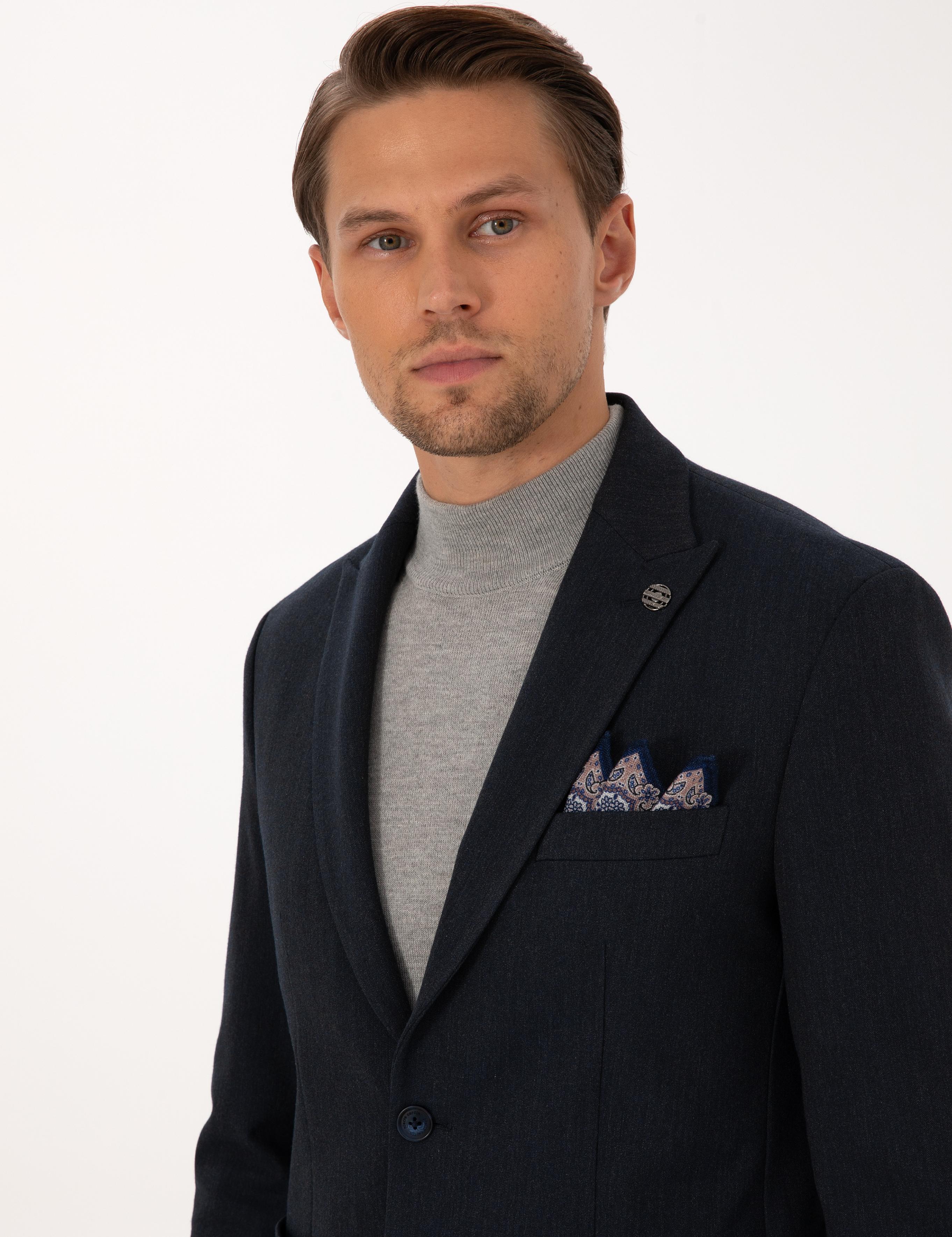 Lacivert Slim Fit Flanel Dokulu Ceket