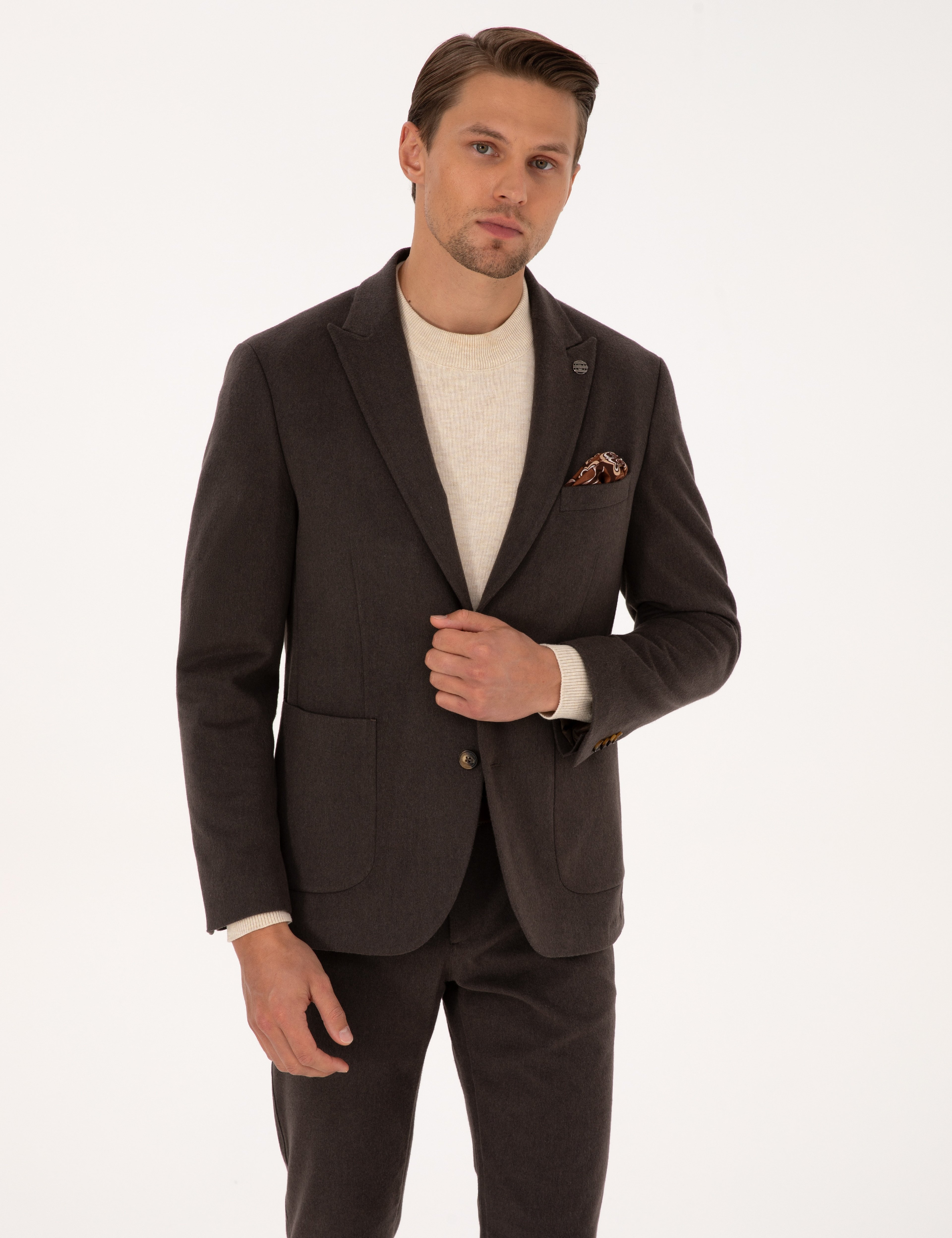 Kahverengi Slim Fit Flanel Dokulu Ceket - Image 1