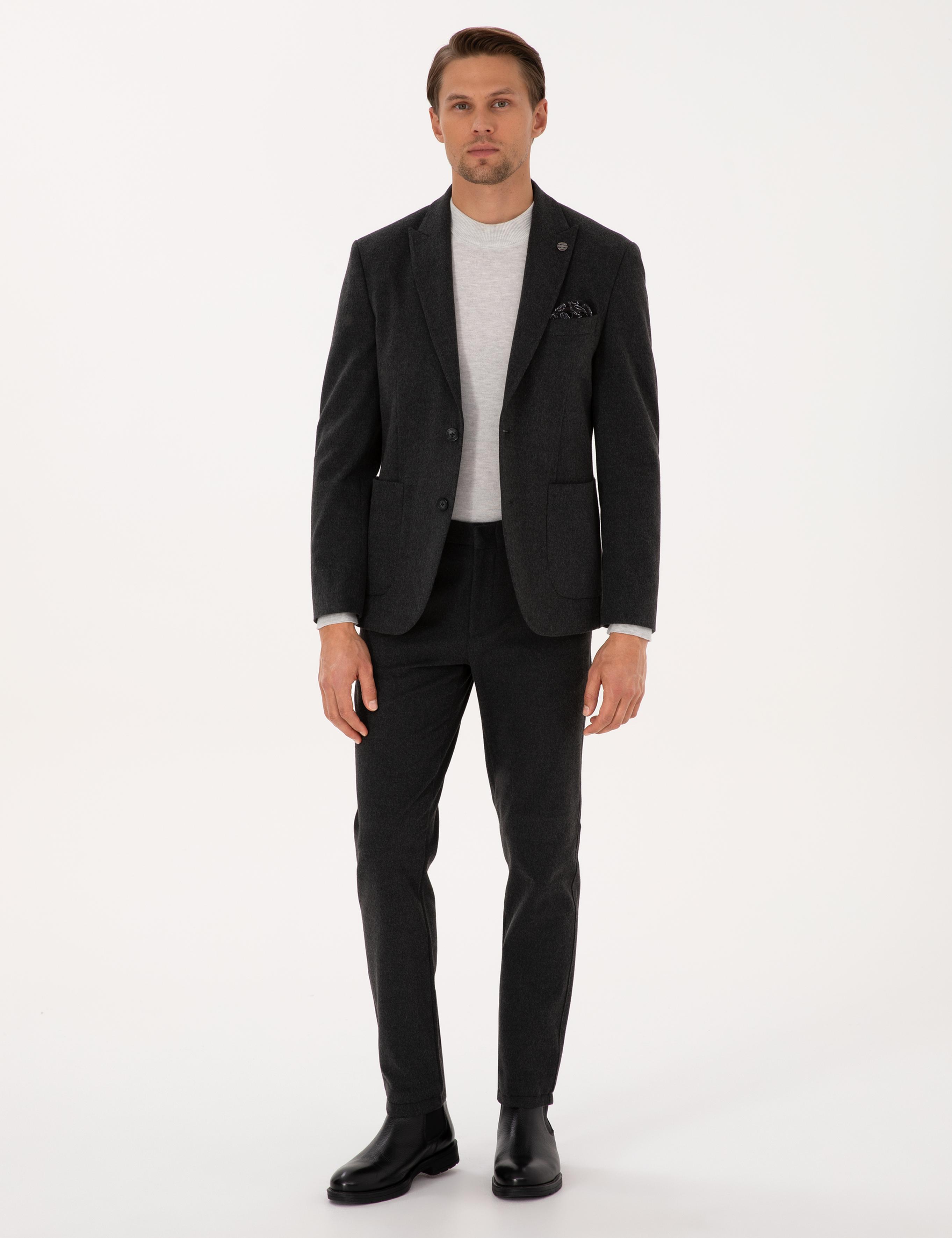 Antrasit Slim Fit Flanel Dokulu Ceket